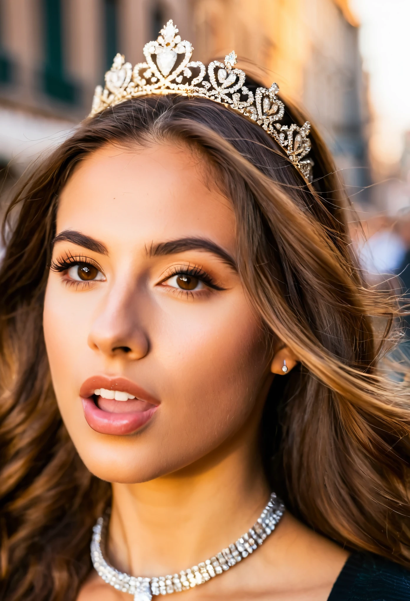 Portrait of an italian young woman in the heart of the bustling city during the golden hour using a DSLR with an 85mm prime lens, aiming for a dreamy and peaceful mood in a close-up shot with f/1.8 aperture, 1/320 sec shutter speed, and ISO 100 from a normal angle and eye line. Her long, wavy chestnut hair cascades down her back. Mouth wide open, wearing a tiara and royal choker, sticking her long tongue out.