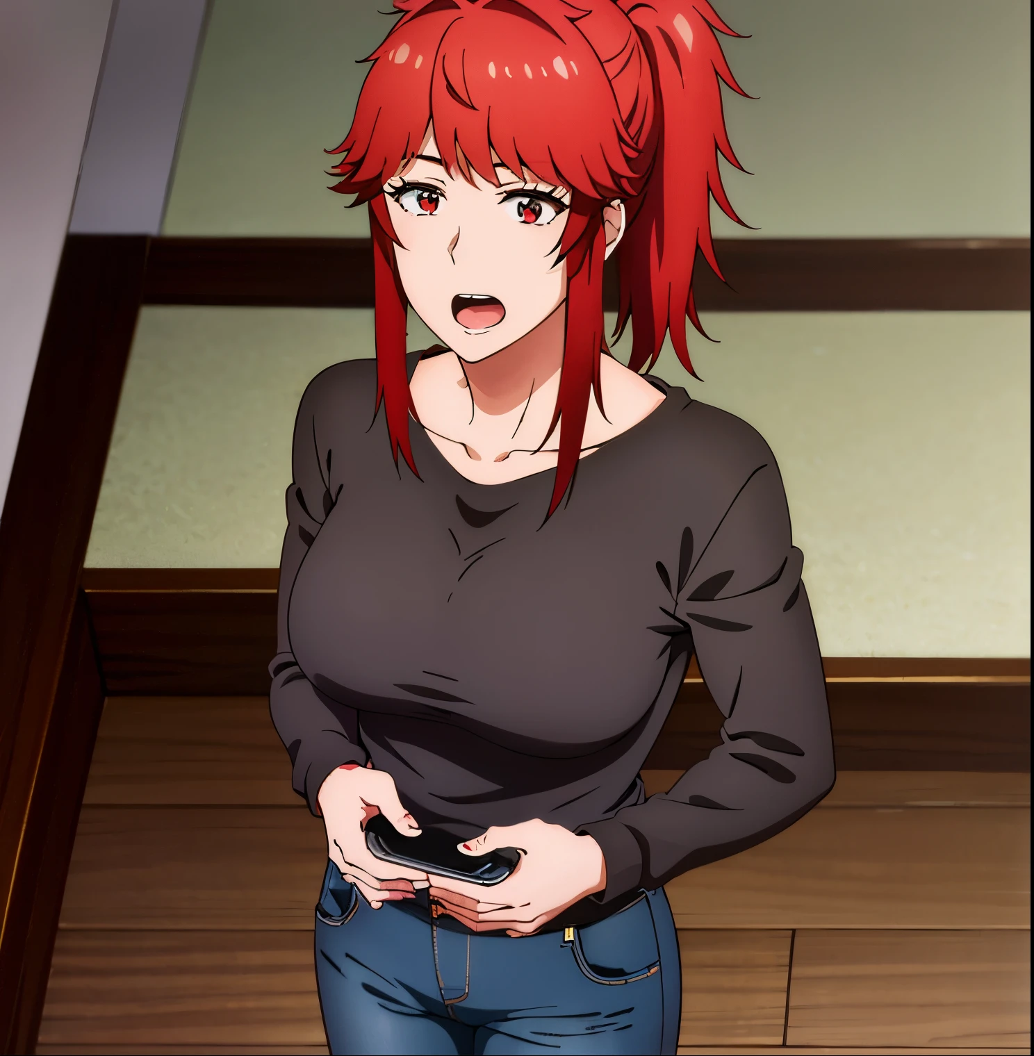 1 girl, alone, akemi aizawa, masterpiece, best quality, solo, long hair, red hair, red eyes, breasts in ponytail, looking at viewer, open mouth, bangs, black shirt, long sleeves, blue jeans, pants tight, big breasts, medium waist, wide hips, medium thighs, side locks, red hair, indoors, medium hair, hand on hip, black shirt, tall, perfect anatomy, perfect hands, milf, pov (from above)