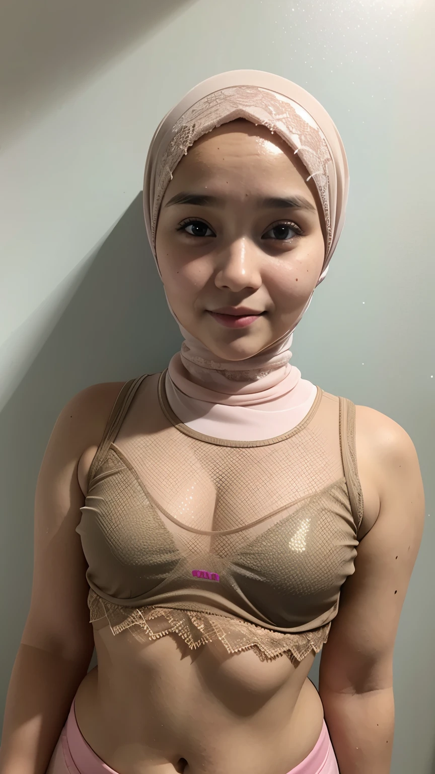 (((CHEERFUL EXPRESSION:1.2)), ((NECK LACE)), ((GOTHIC BLACK EYELASHES & LIPS)), ((BLACK LIPS)), ((jilbab)), adorable, 1 girl, (face to face), , baby face, half body portrait, (face details: 1), (eye details: 1), ((tiny breasts)). ((croptank latch)), ((net stockings)), lingerie, ((naked pink)), ((DETAILED NIPPLES:1.2))