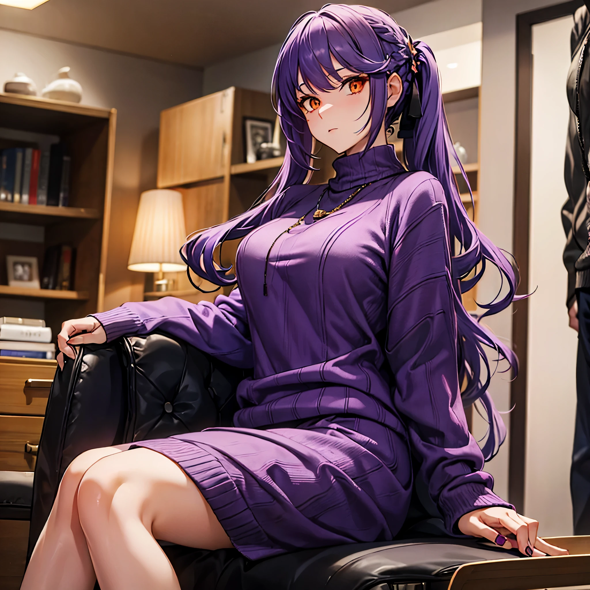 a woman wearing a purple sweater, in a room of a modern house, weak purple hair, orange eyes
