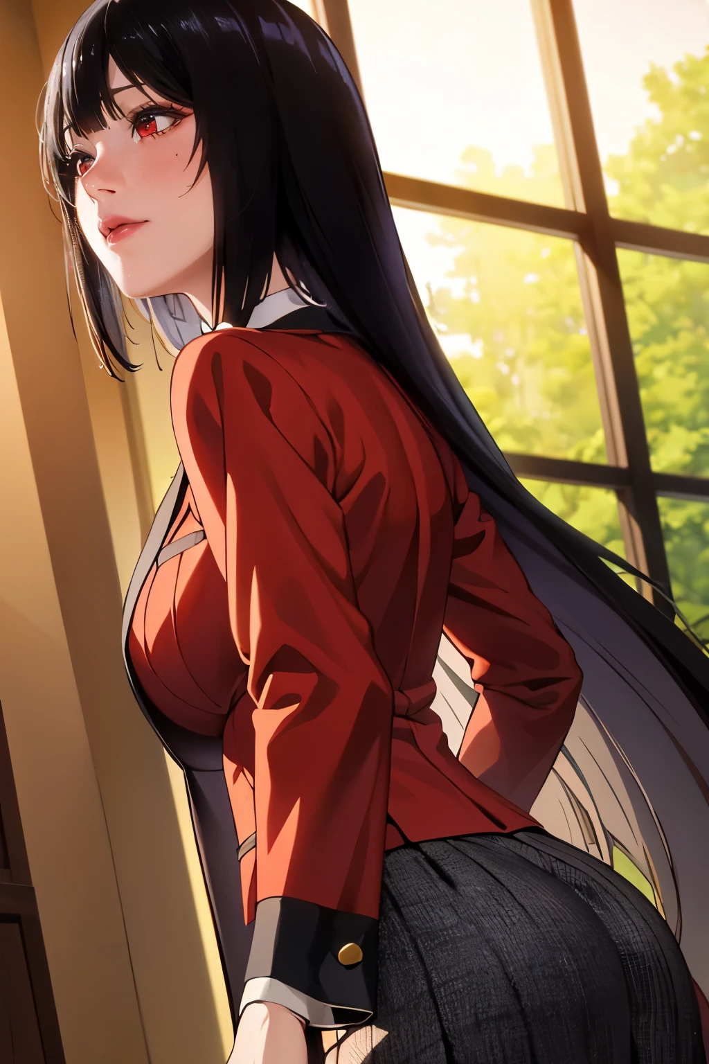 High resolution、masterpiece、1 girl, Jabami Yumeko,hmjy1 long black hair,red eyes,blush,sexy body,((uniform, red jacket)), Red blazer with black trim on cuffs and collar lining, White button-up dress shirt and black tie, Black and gray plaid miniskirt, black tights, そして茶colorのローファー. , cowboy shot,beautiful体,perfect eyes, perfect face,表情豊かな目のmasterpiece:1.0),(Highest_quality:1.0), かわいい笑face, , beautiful and bright lighting, ,Slender beauty:1.4, slim abs, 引き締まったwaist, (笑face:1.2), slender and long beautiful legs,,超High resolution,4k,super detailed, photograph, 8k, HDR, High resolution, film grain, Lens flare, (lively_color:1.2), (beautiful_face:1.5),(narrow_waist), exquisite visuals, Highest quality,18-year-old、expensive,邪悪な笑face