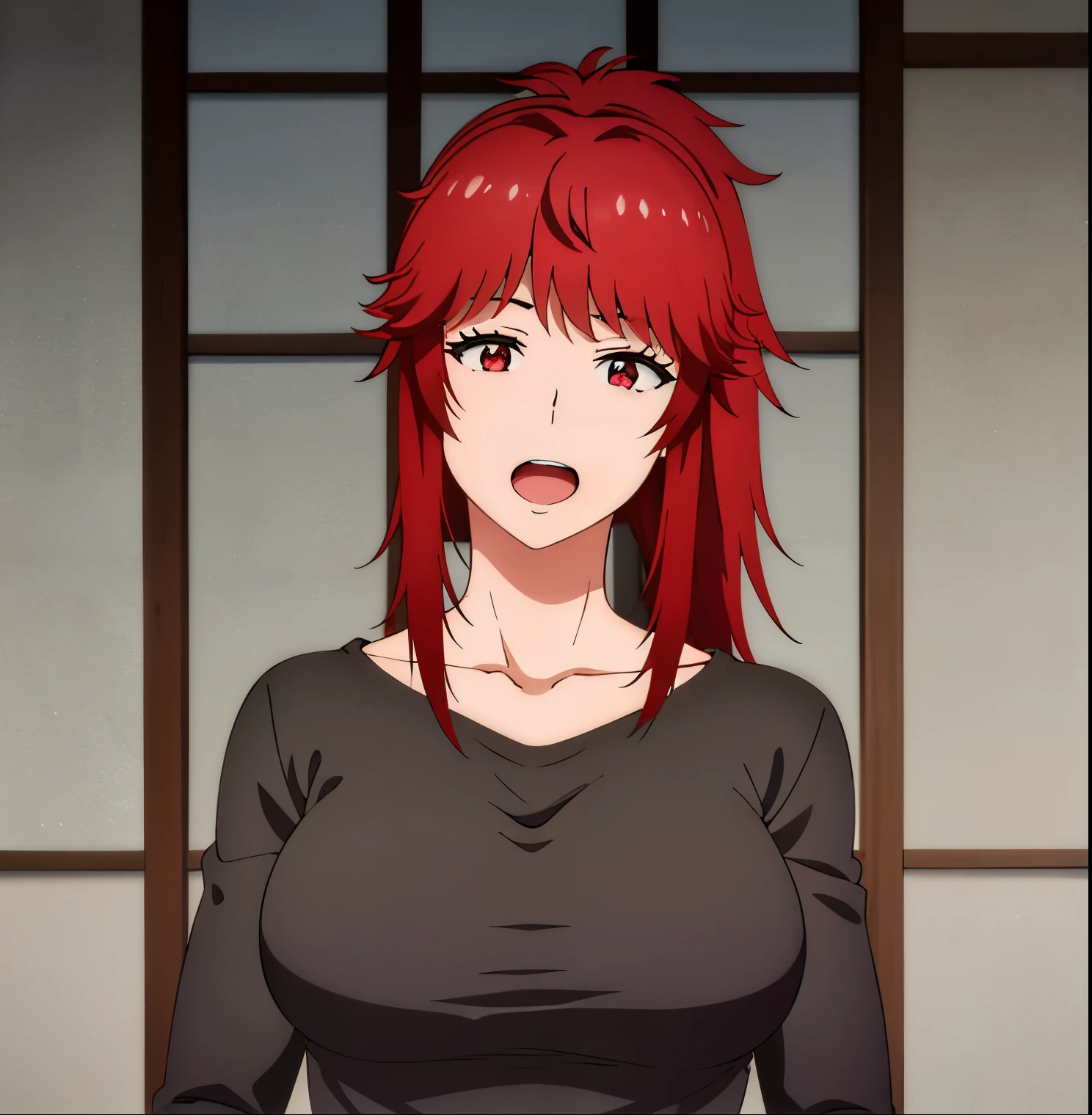 1girl,alone,akemi aizawa,masterpiece,best quality,solo,long hair,hair red, red eyes, ponytail breasts, looking at viewer, open mouth, bangs, black shirt, long sleeves, blue jeans, tight pants, large breasts, medium waist, wide hips, medium thighs, side locks, red hair, indoors, medium hair, hand on hip, black shirt, tall, perfect anatomy, perfect hands, milf, from below:1.6