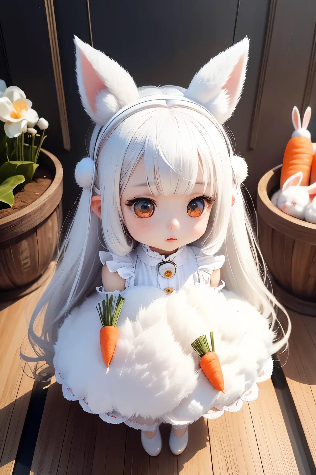 two girls、sisters、white rabbit、white hair、animal ears、fluffy ears、rabbit girl、fluffy fur、 high quality, Carrot、High resolution、genuine、3D、small ears、sweep the floor、