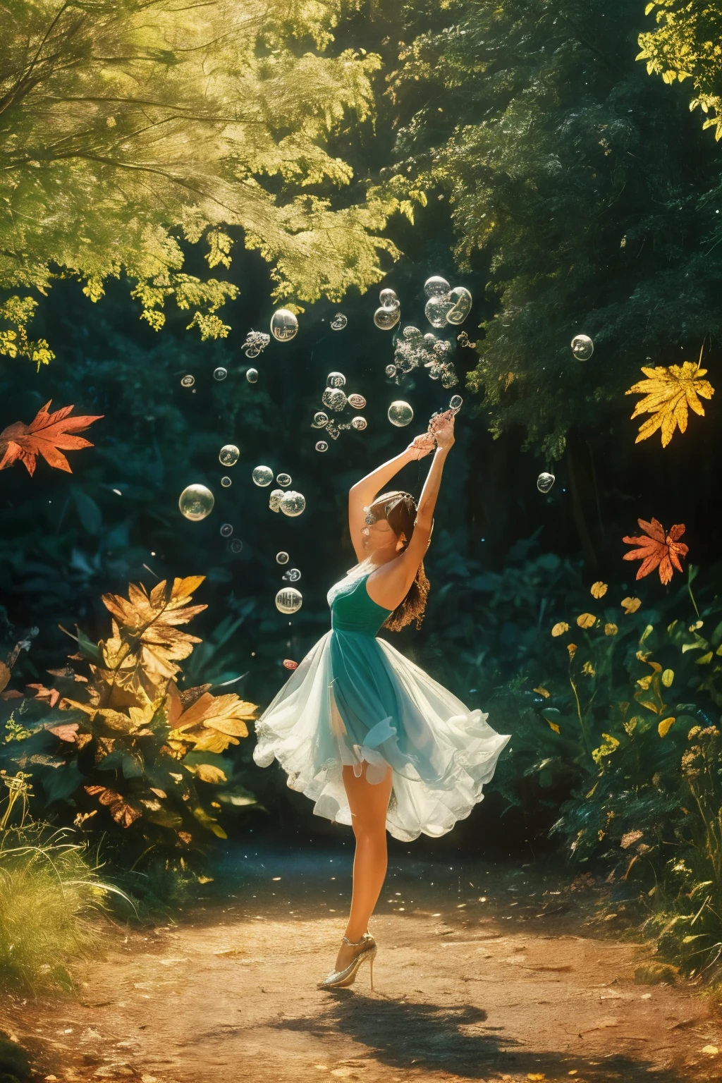 Elf female, feminine look, sexy hair, green outfit, leaves around body, swirling air movement, wide angle, full body view, loose fabric, geometric shapes, small breasts, lemon pattern kimono, rated R, up-do hair, Bauhaus, geometric shapes