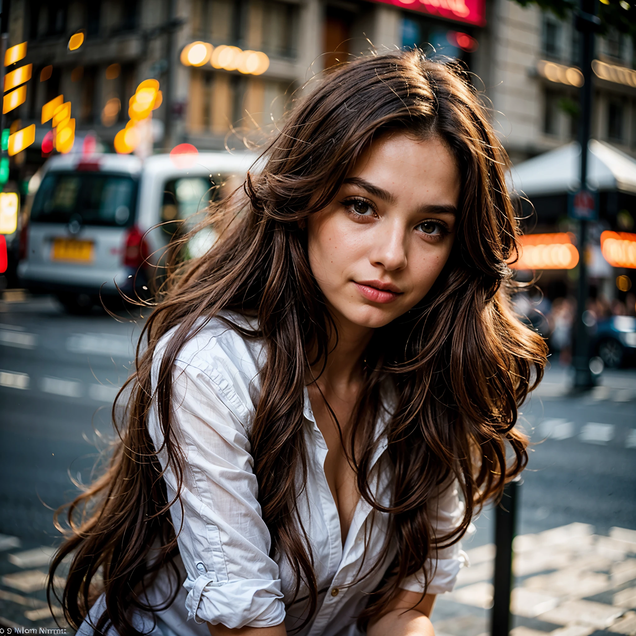 Portrait of an italian young woman in the heart of the bustling city during the golden hour using a DSLR with an 85mm prime lens, ultra hd details, photorealism, aiming for a dreamy and peaceful mood in a close-up shot with f/1.8 aperture, 1/320 sec shutter speed, and ISO 100 from a normal angle and eye line. Her long, wavy chestnut hair cascades down her back, framing her elegant features. Expressive brown eyes gazing directly at the viewer. Her rosy lips are parted slightly, revealing a hint of a playful smile. perfecteyes eyes.