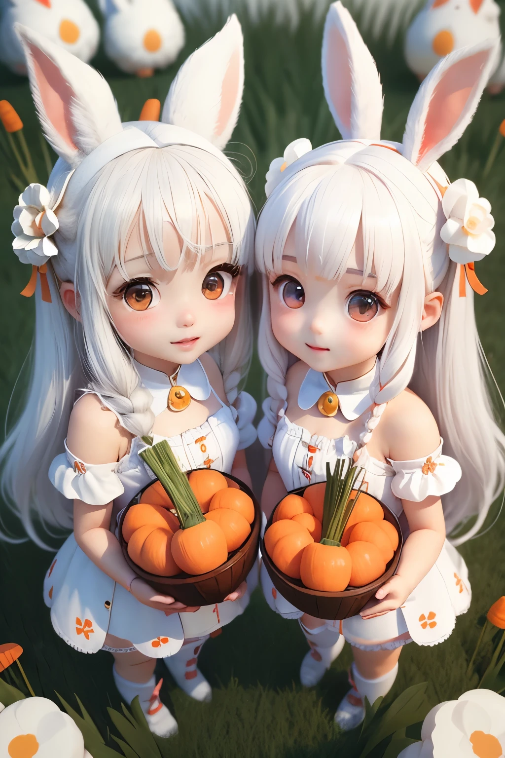 two girls、sisters、white rabbit、white hair、animal ears、fluffy ears、rabbit girl、fluffy fur、 high quality, Carrot、High resolution、genuine、3D、small ears、show one's face、Lively、looks fun、smile、bust shot、