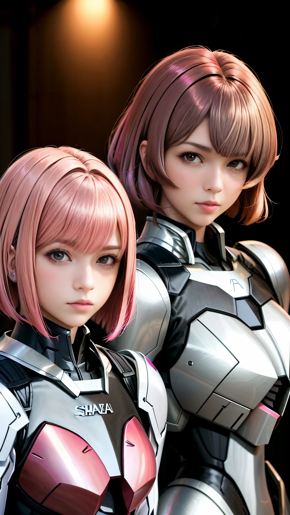 Photo of two realistic black Sazabi girls，Shortcut Bob Cut，I have a lot of hair，brown eyes，Hair color is bright pink，cool look，background is gray，16 year old daughter of Haman Khan and Char Aznable.