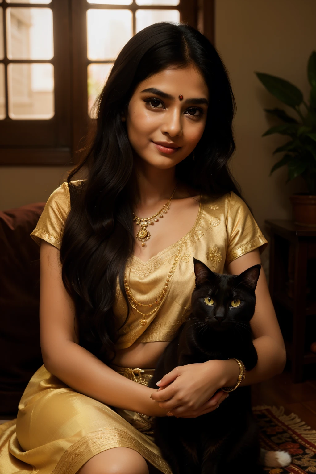 (Best quality, high resolution, ultra-detailed: 1.1), Indian young lady, sitting calmly in a cozy room, with her pet cat by her side, intricately detailed traditional Indian attire, (long black hair: 0.8), loose curls framing her face, cherubic cheeks, gentle smile, big brown eyes filled with warmth, soft lighting illuminating the scene, subtle texture in the cat's fur, (feline eyes focused on the lady: 0.5), (high contrast, vivid colors: 1.2), hands delicately touching the cat's soft paws, creating a heartwarming and peaceful scene. ((The most beautiful