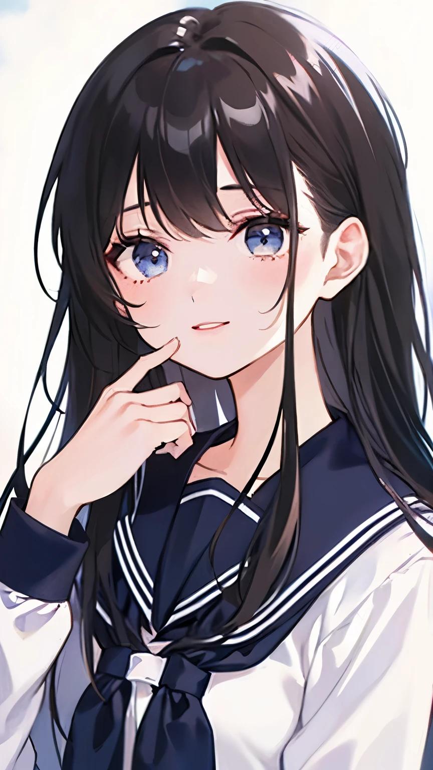 highest resolution, Detail view, 1 girl, high school girl、beautiful face, cute, white background, (watercolor: 1.2), 2D, Upper body, amount,up hair, black hair, straight hair,eye shadow, brown eyes, impressive eyes, Look at this,a shining smile、school uniform、navy sailor suit、wave your hand next to your face