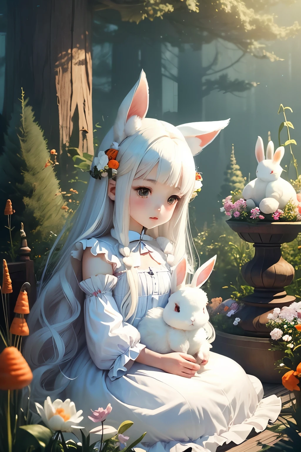 two girls、sisters、white rabbit、white hair、animal ears、fluffy ears、rabbit girl、fluffy fur、 high quality, carrots placed、High resolution、genuine、3D、small ears、show one&#39;s face、morning forest、morning haze、bust shot、long dress、nap