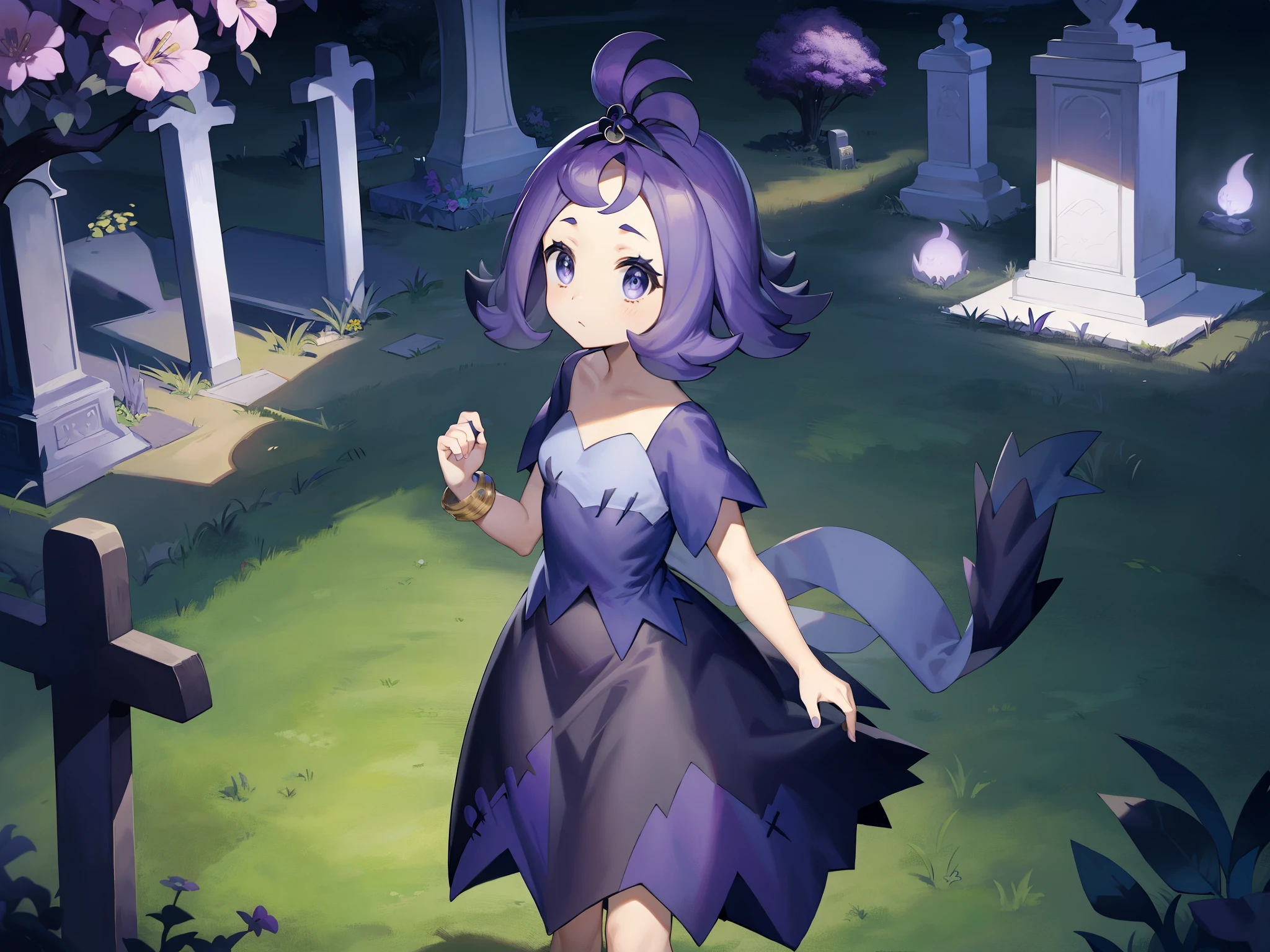 Pokémon、cemetery、ruins、ghost town、acerola、ghost type captain、hair clip、short purple hair、Ahoge、The clothing is designed to look like a patchwork of black and purple cloth.、short sleeve、Golden Bangles、sandals、Descendant of the ancient Alola dynasty、Cat mouth、Happy、cat mouse、BREAK outdoors、cemetery、at night、dark、fog、