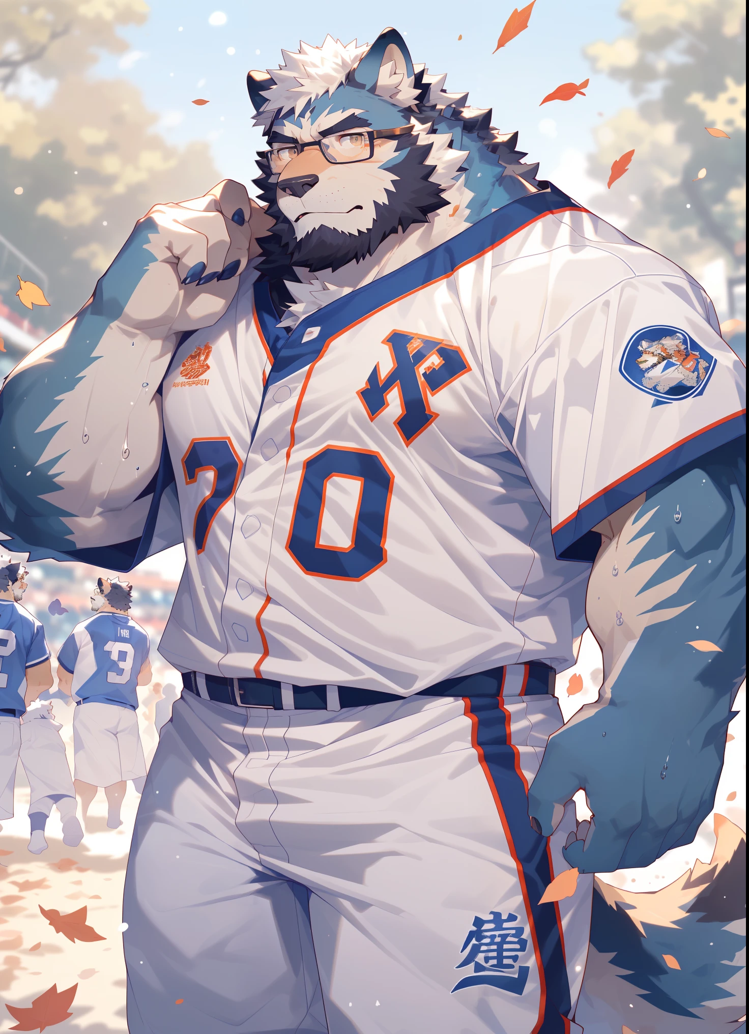 hairy,(Wolf,white baseball uniform,white baseball pants,Black-rimmed glasses,),beard,white fur,male,Common,full-body shot, dynamic poses,Baseball games,There are fallen leaves,wet clothes,sweat,Breathing heavily,sweat a lot,Sunlight,Detailed background,极其lifelike阴影,masterpiece,Very detailed,lifelike