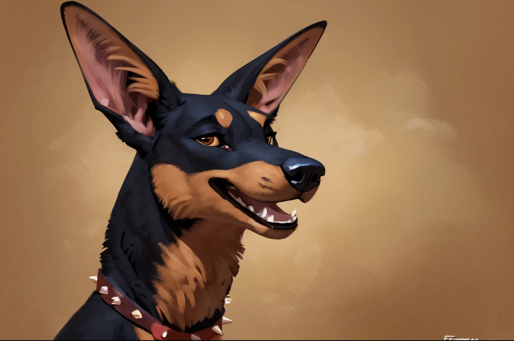 (by halbean), (by Taran Fiddler), solo, (feral:1.6), CANINE, domestic dog, Doberman pinscher, short black fur, shiny fur, smooth body, slender neck, long snout, pointed ears, curvy body, feminine, female, spiked collar, panting, excited, looking at viewer, portrait