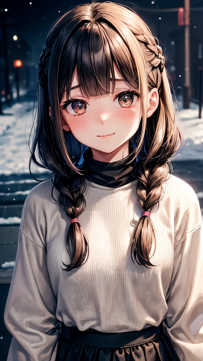 An elementary student Japanese tidy girl ((flat chest , slender)), middle shoulder hair((brown straight hair,Dutch braid on her head )((much shaggy blush bangs forelock:1.3)), tidy long sleeves casual shirts ((turtle neck )), black overcoat((gray color )),gray maxi length skirt, sparkly brown big round droopy eyes, eyelashes, blush and passionate smile, fearless and tidy atmosphere, neatly posing, at snowy moments in dark midnight , ((face focus)), ((best quality))