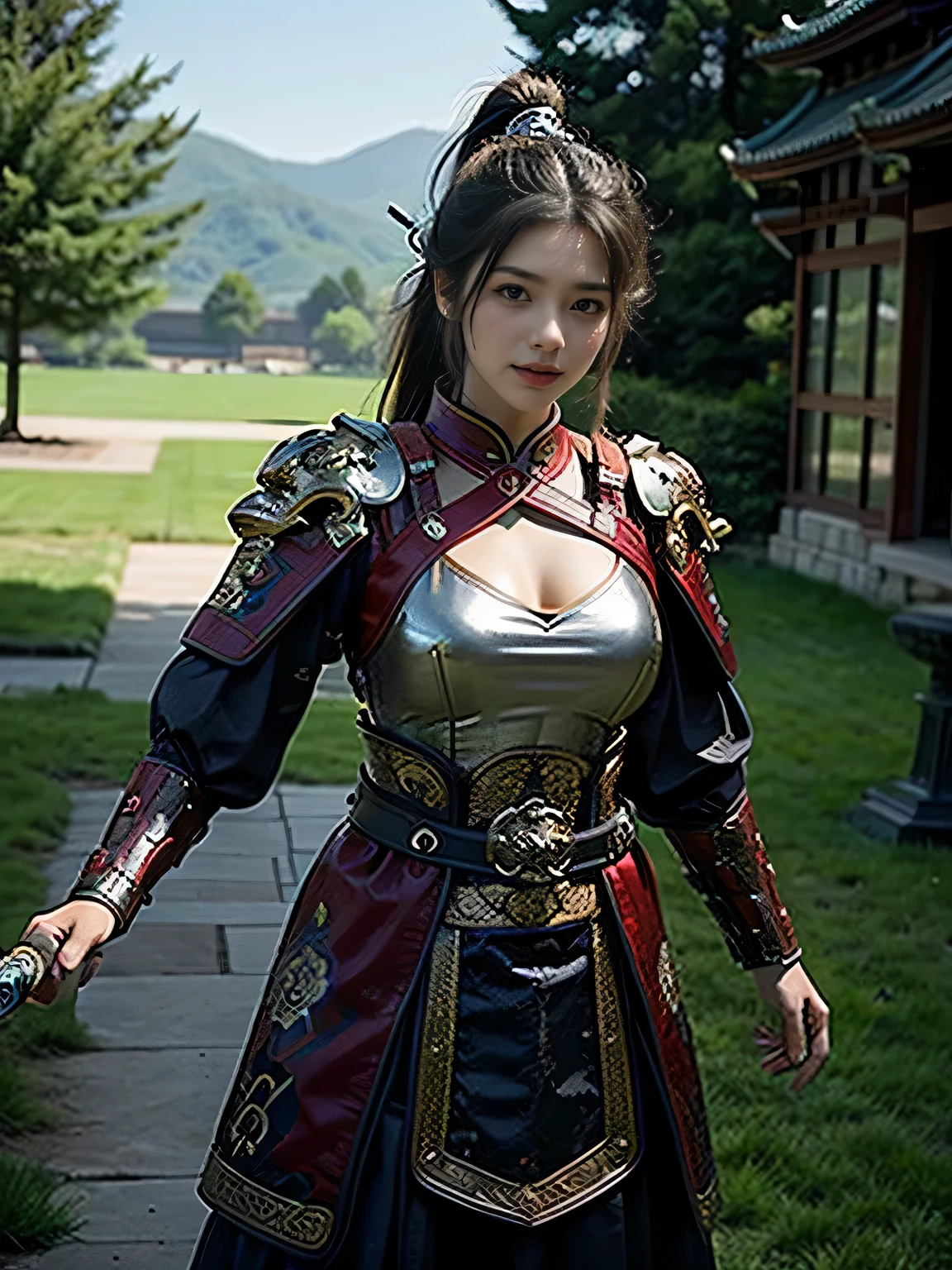 masterpiece，Best quality，HD quality，face close-up，（Detailed sculpting of eyes），Laugh，（corners of mouth raised），8K，Ancient battlefield background, ((field：1.8))，(Female generals on the battlefield in the Han Dynasty)，Lead the horse，18-year-old girl，（long ponytail hairstyle)，cparted lips，Full and erect breasts，Chinese architecture,red cloak，The combination of white metal and red leather，chest armor，（（Cool and gorgeouig breasts))，Chest groove，Three Kingdoms character painting style，Photo pose，oc render reflection texture，Head-up shot，bright afternoon，woodland background