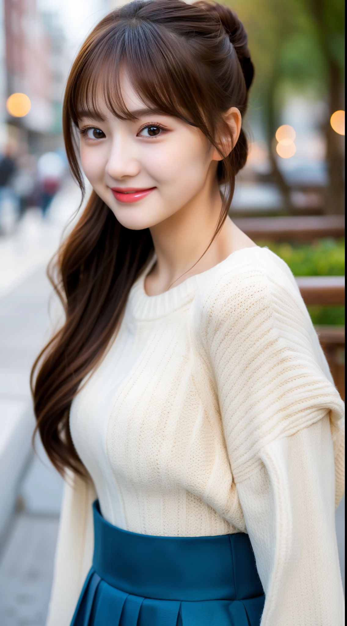 ulzzang-6500-v1.1,(Masterpiece, BestQuality:1.3),table top, highest quality, super detailed, finely, High resolution, 8k wallpaper, perfect dynamic composition, Detailed clear look, trendy fashion, Winter clothes,ponytail, larger breasts,natural color lip, sexy pose,smile,Harajuku、20 year old girl、cute、looking at camera, beautiful japanese girl, long skirt, natural makeup