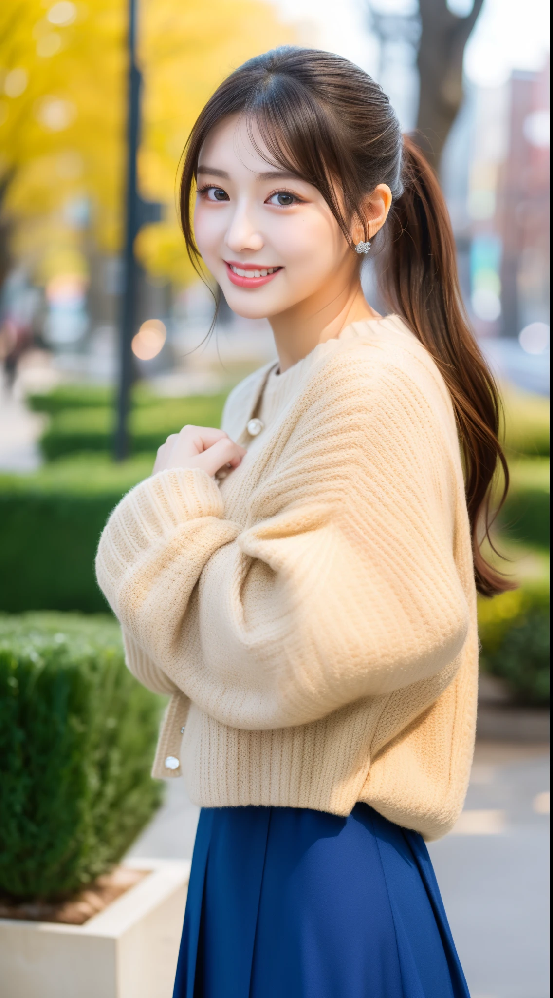 ulzzang-6500-v1.1,(Masterpiece, BestQuality:1.3),table top, highest quality, super detailed, finely, High resolution, 8k wallpaper, perfect dynamic composition, Detailed clear look, trendy fashion, Winter clothes,ponytail, larger breasts,natural color lip, sexy pose,smile,Harajuku、20 year old girl、cute、looking at camera, beautiful japanese girl, long skirt, natural makeup