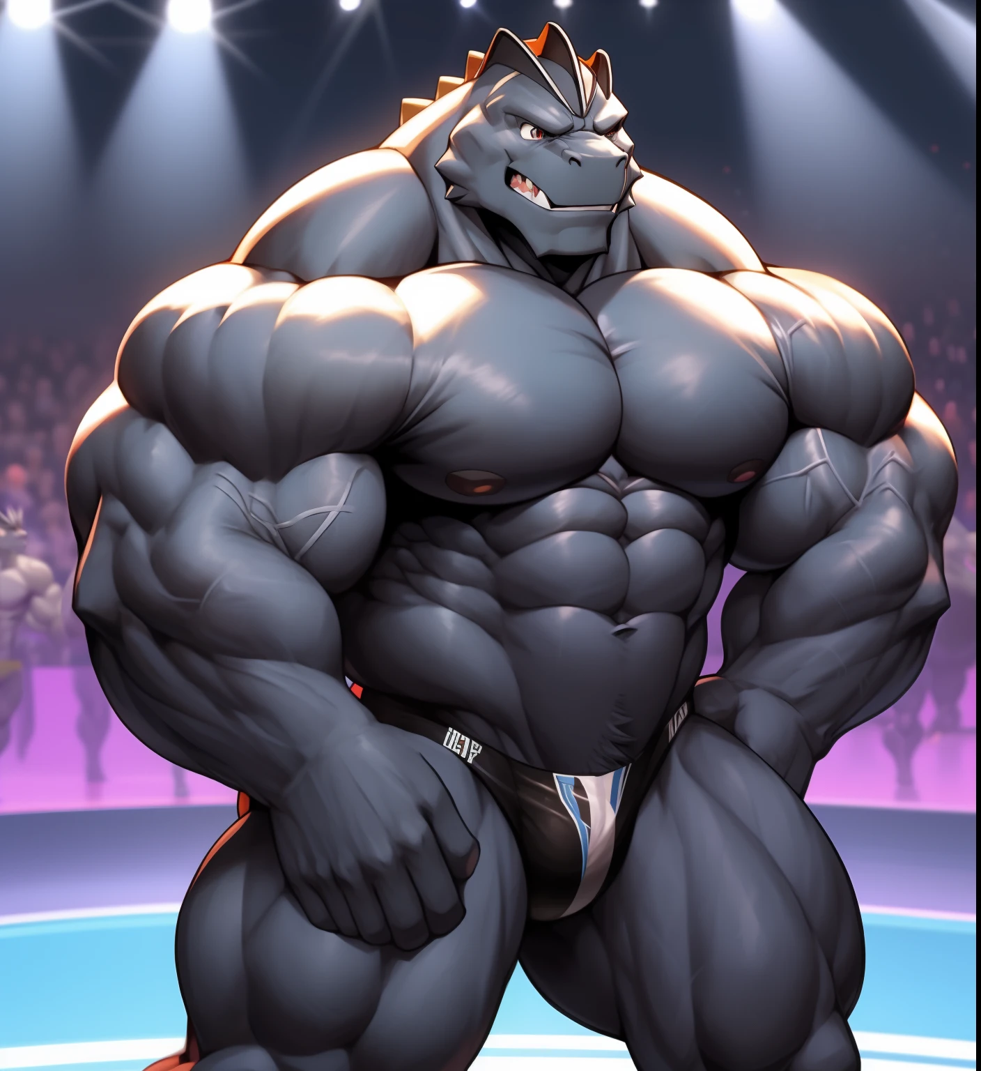 (Pokémon) Machoke in the bodybuilding competition, en el escenario con otros culturistas de Machoke a su lado, wearing a small thong (metallic color: Tanga negro azabache) masivo, Huge, muscular bodybuilder with extraordinary biceps, pectorales gruesos, triceps, trampas, cintura estrecha, gigachad, 400 libras.