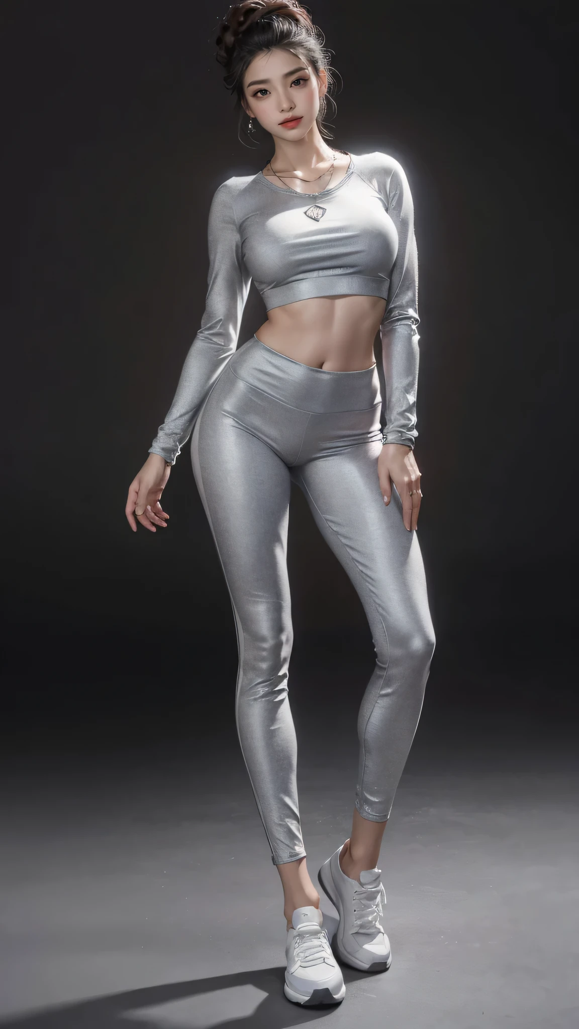 (masterpiece, best quality, realistically, Work, super detailed, 8k), ((Wide-angle lens, Full body female love)), 1 girl,Light makeup,Exquisite facial features,Smile,Exquisite crystal jewelry,heart shaped necklace,Exquisite hairstyle, Pompadour hairstyle, curls,Correct finger structure,casual sweatshirt,Striped yoga pants,sports shoes,front standing posture ,facing the audience,full body portrait,gray background