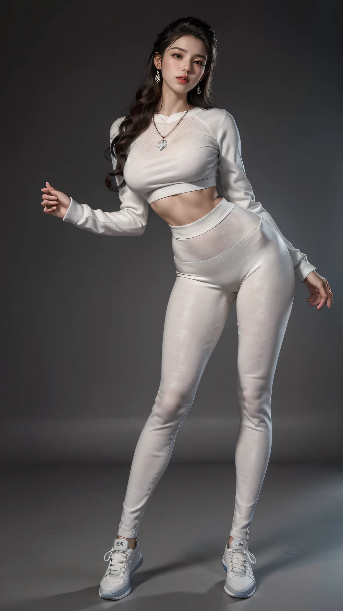 (masterpiece, best quality, realistically, Work, super detailed, 8k), ((Wide-angle lens, Full body female love)), 1 girl,Light makeup,Exquisite facial features,Smile,Exquisite crystal jewelry,heart shaped necklace,Exquisite hairstyle, Pompadour hairstyle, curls,Correct finger structure,casual sweatshirt,Striped yoga pants,sports shoes,front standing posture ,facing the audience,full body portrait,gray background