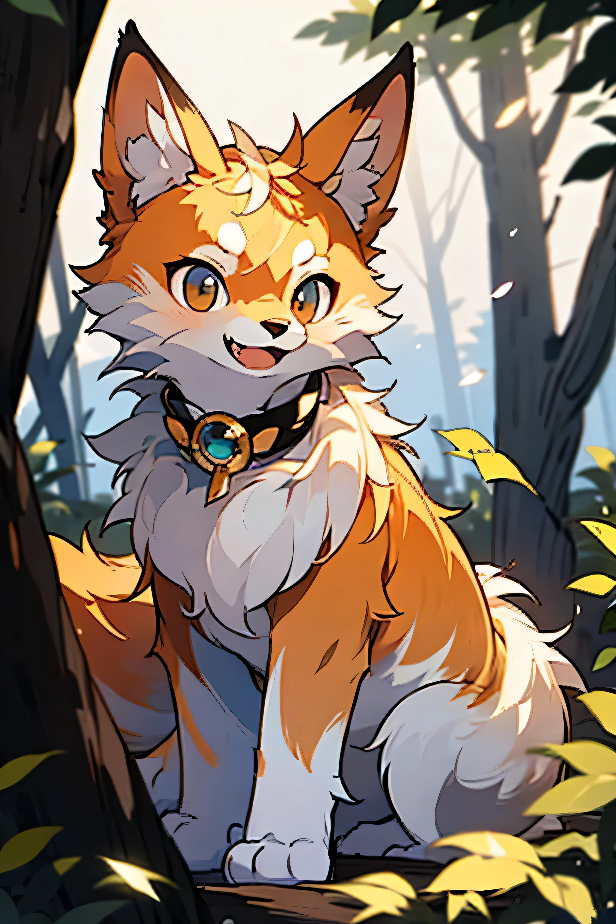 depth of field,lighting perfect,light particles,(best quality),(top quality)(masterpiece),(super detailed),sharp focus,light particles,Genji,Eyegod,Brown_Eye,watch_exist_audience,Smile,alone,hairy的,animal_ear_Brushed,Open_clothing,arctic fox,white,hairy,red fox,Shirao,long tail,gold necklace,Sunlight,that tree,