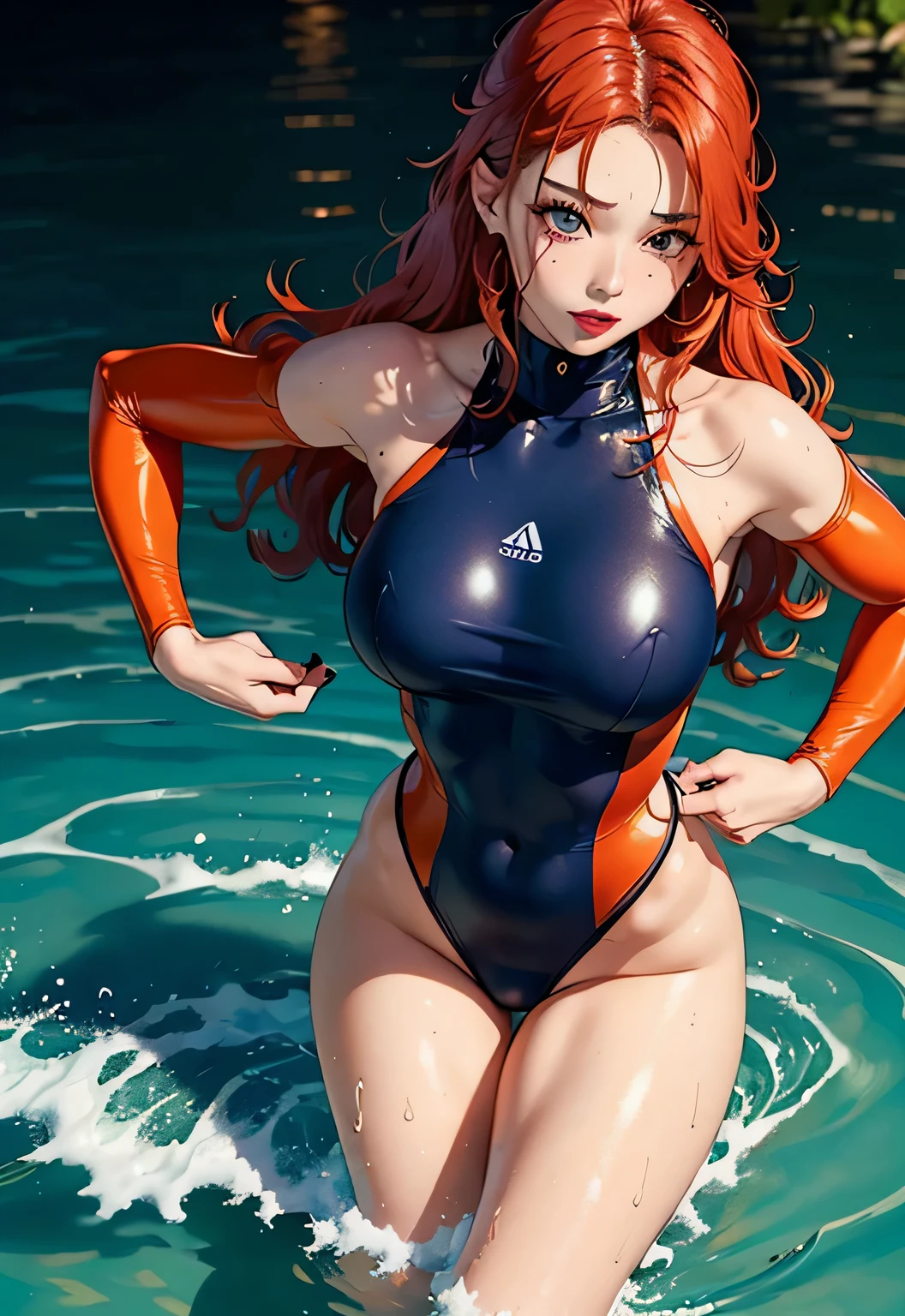 realistically、Super high saturation、8k、Long red curly hair(((a 30 year old girl)))、((She is wearing an orange and navy blue turtleneck indigo swimsuit。)).、swim、Thighs are thicker、Emphasis on muscle development。、Various sexy pose swimプールround olympic 体操選手ics stadium 美しい顔, Highly detailed face and skin textures, (Eyes have small wrinkles, double eyelids, thin eyebrows, glitter eyeliner: 1.2, natural cheeks, skin shiny, White skin,, (shiny lips: 1. 4),Sweating 1.0、(((vitality)))