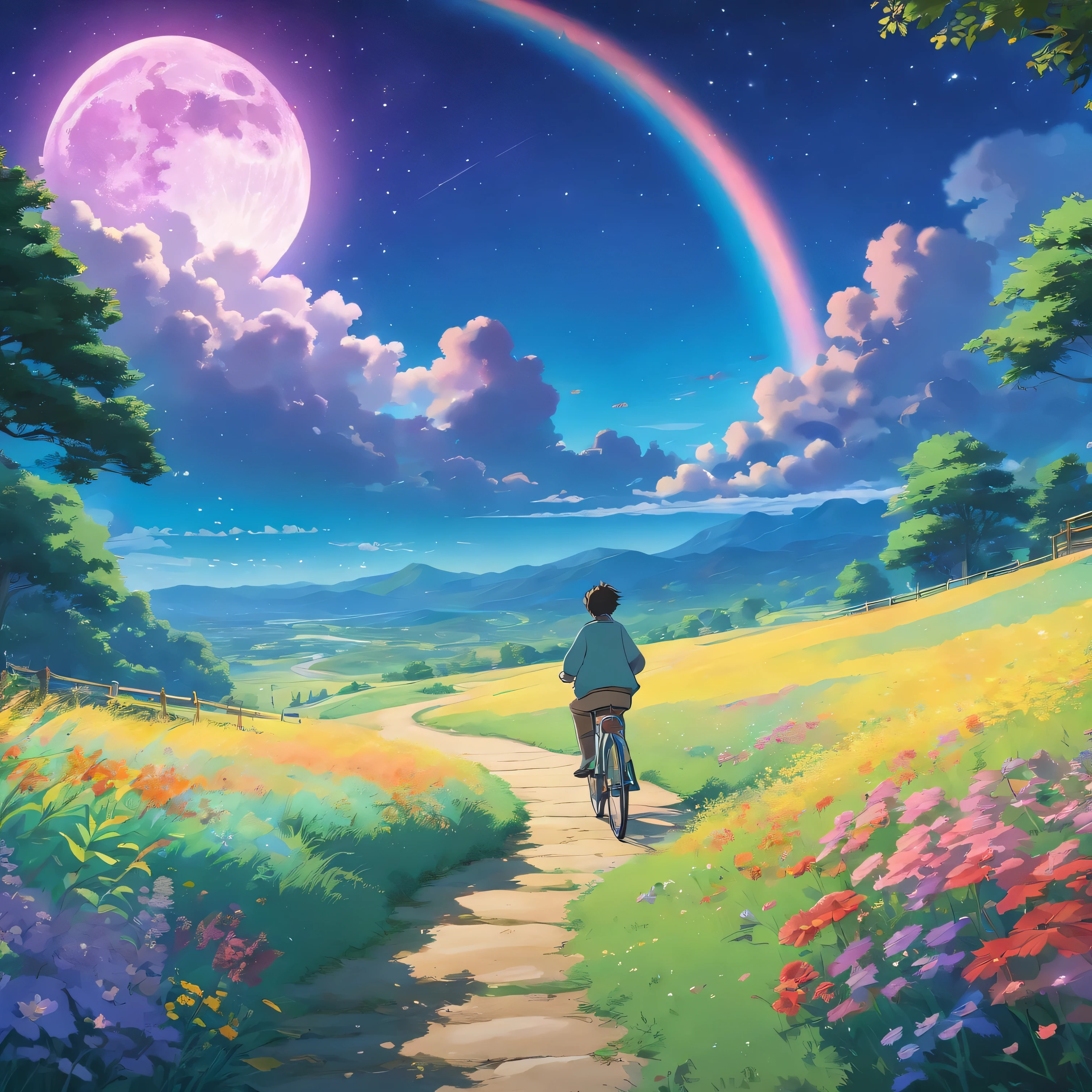 Studio Ghilbi Anime, Expansive landscape photograph , (View from below,Displays the sky above and the clearing below), a man with bikecycle standing on flower field looking up, (full moon:1.2), ( meteors:0.9), (Starcloud:1.3), Far Mountain, Tree BREAK Production Art, (Warm light source:1.2), (Firefly:1.2), lamp lights, Lots of purple and blue, Intricate details, Volumetric lighting BREAK (Masterpiece:1.2), (Best quality), 4K, Ultra-detailed, (Dynamic composition:1.4), Highly detailed, Colorful details,( Iridescent colors:1.2), (luminouslighting, Atmospheric lighting), Dreamy, magical, (Solo:1.2)