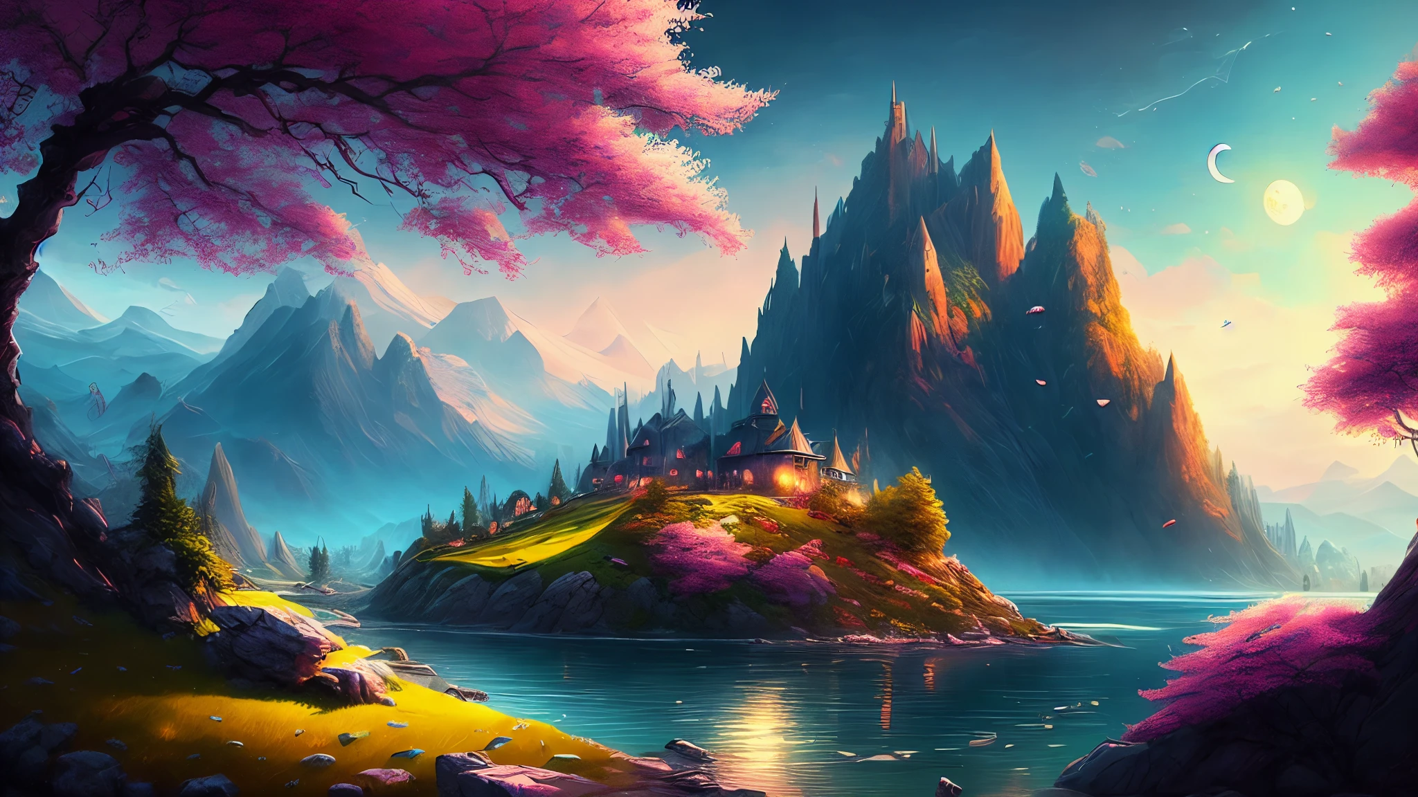 Mountain painting with waterfall and full moon, Lots of cherry trees, Cherry blossom petals are dancing, fantasy art landscape, fantasy matte paint,cute, background artwork, 4k fantasy art, detailed fantasy digital art, 4K high-definition digital art, anime fantasy artwork, fantasy painting hd, beautiful fantasy paintings, anime landscape wallpapers, breathtaking fantasy art, fantasy digital art, fantasy digital painting, digital art fantasy art