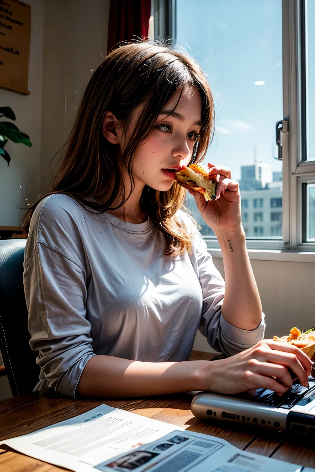 1girl, solo, eating a sandwich in the office during a break, best quality, young girl, seated at a desk or table, enjoying a sandwich during her work break, office environment in the background, soft lighting creating a cozy atmosphere, capturing the simplicity and comfort of a brief respite from work.