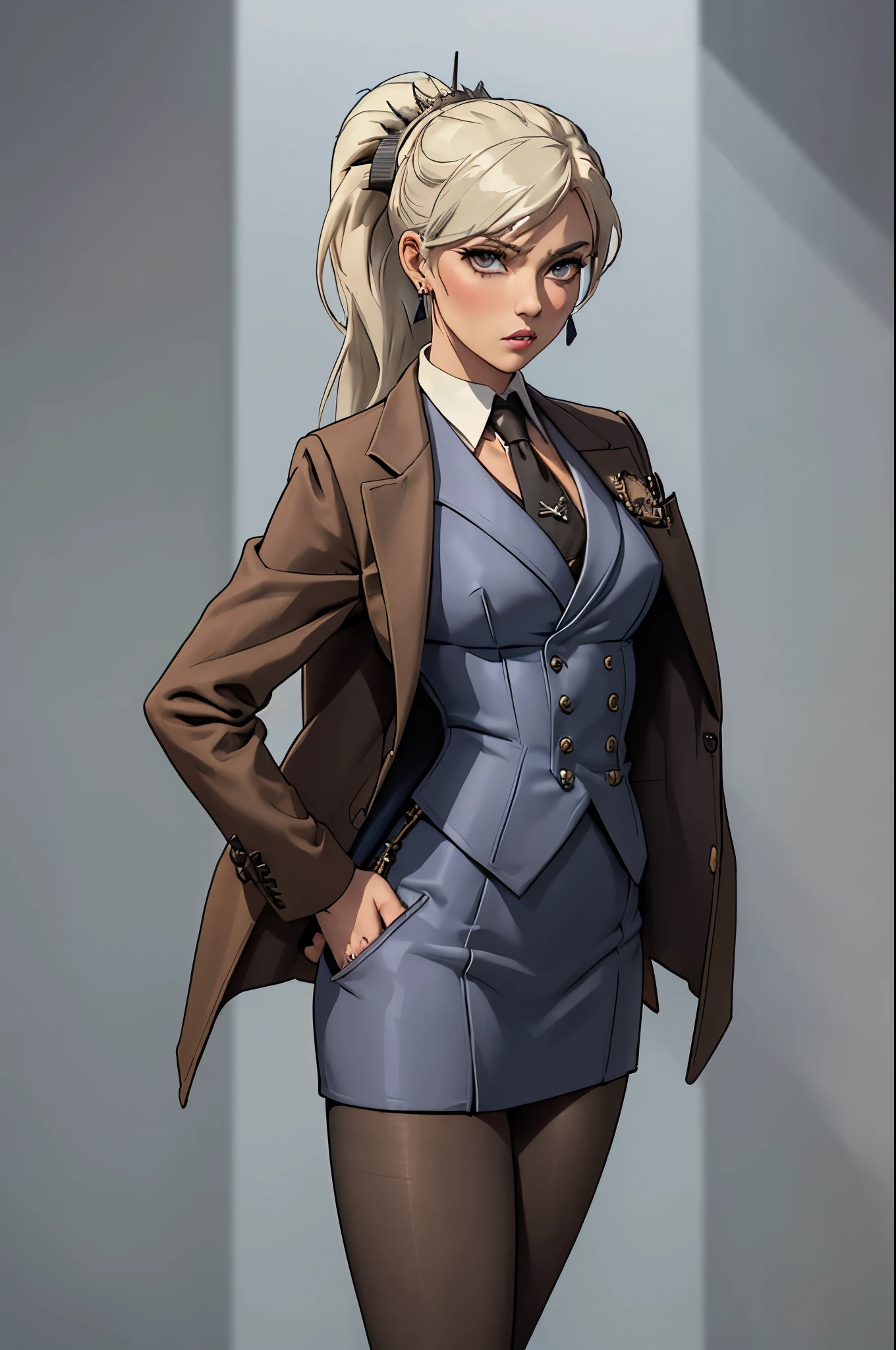 (masterpiece, best quality:1.2), cowboy shot, solo, 1girl, weissvale, looking at viewer, hand on hip, ponytail, scar on eye,  skirt suit, (((three-piece suit))), necktie, blazer, (((suit jacket))), (((waistcoat))), double-breasted waistcoat, bodycon miniskirt, pencil skirt, tie clip, pocket square, pocket watch, pantyhose, high heels, earrings