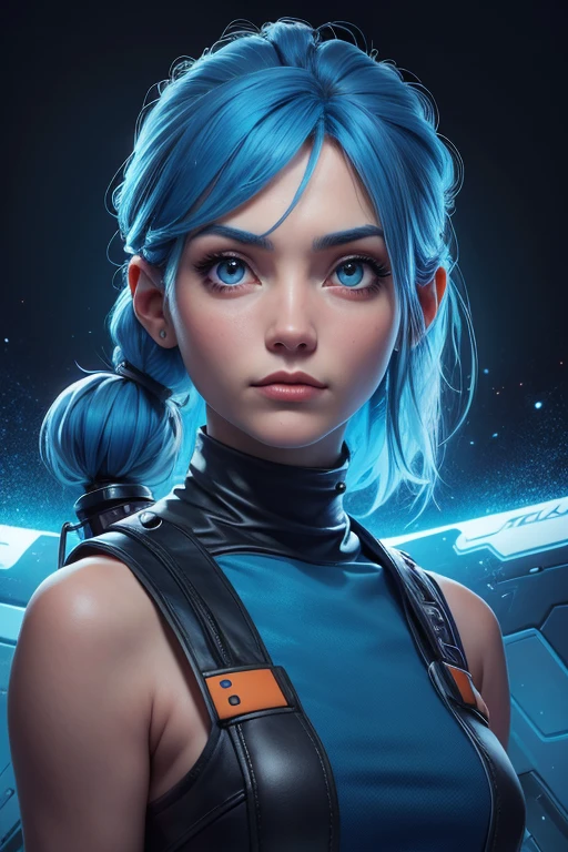 [:Obra maestra:0.5], solo, 1 chica, azul hielo, pelo naranja, bollo trenzado, pelo absurdamente largo, CD Cover, retrato, fondo de pantalla, Science fiction