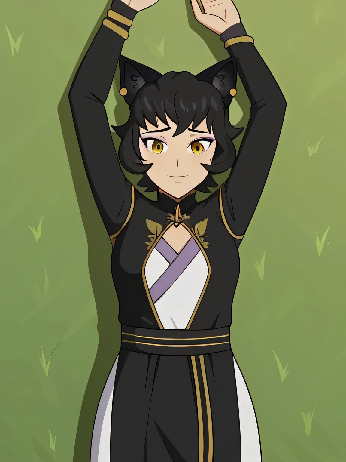 anime, mature female, kali belladonna, high quality, closed mouth, solo, cowboy shot, high quality, lying, on back, on grass, spread arms, shy smile, arms up, closed mouth,
