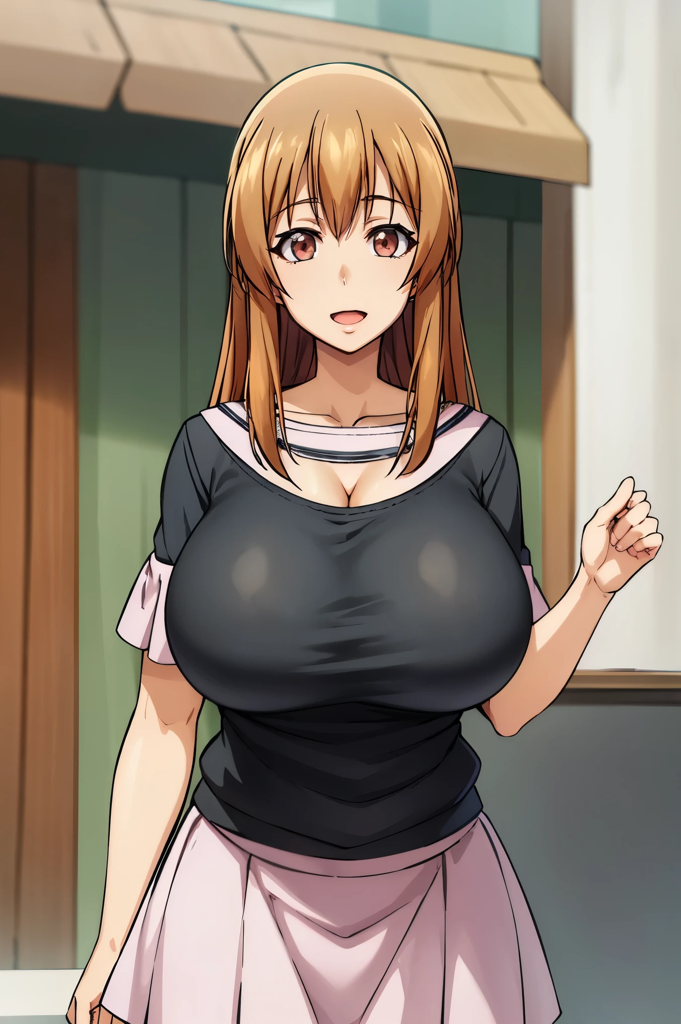 best quality, (masterpiece:1.2), highly detailed, street,
1girl, kotegawa nanaka,
looking at viewer, slight smile, open mouth,
brown eyes, brown hair, long hair, black shirt, elbow sleeves, pink skirt, miniskirt, (huge tits), cleavage
