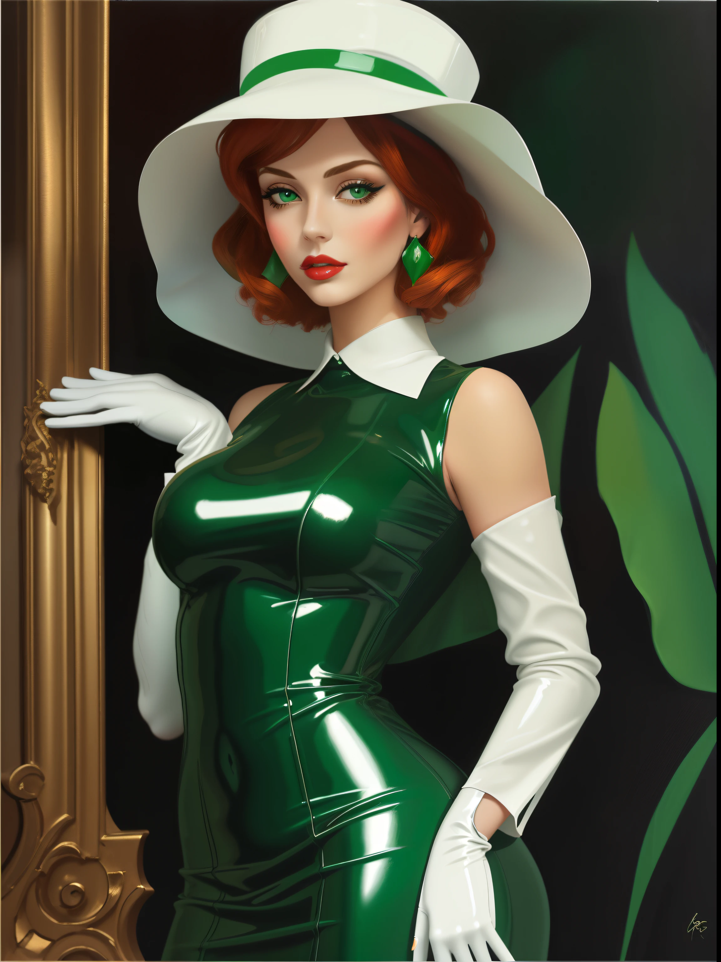 painting of a woman in a green latex dress and with a big white hat, breast nipples can be seen through the dress, white gloves, green eyes, red blond hair (more red than blond), inspired by Tamara de Lempicka