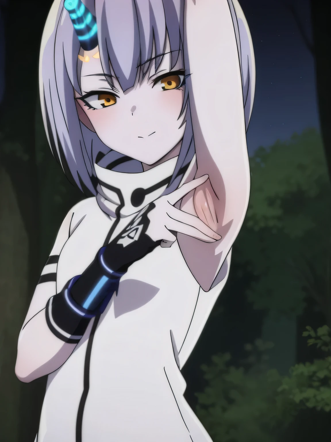 Atar anime, hdr, soft light, ((best quality)), ((masterpiece)), (detailed), 2D, anime, anime coloring, high quality, closed mouth, solo, upper body, night sky, forest, arms behind head, contrapposto, expressionless, spread armpits, small smile,