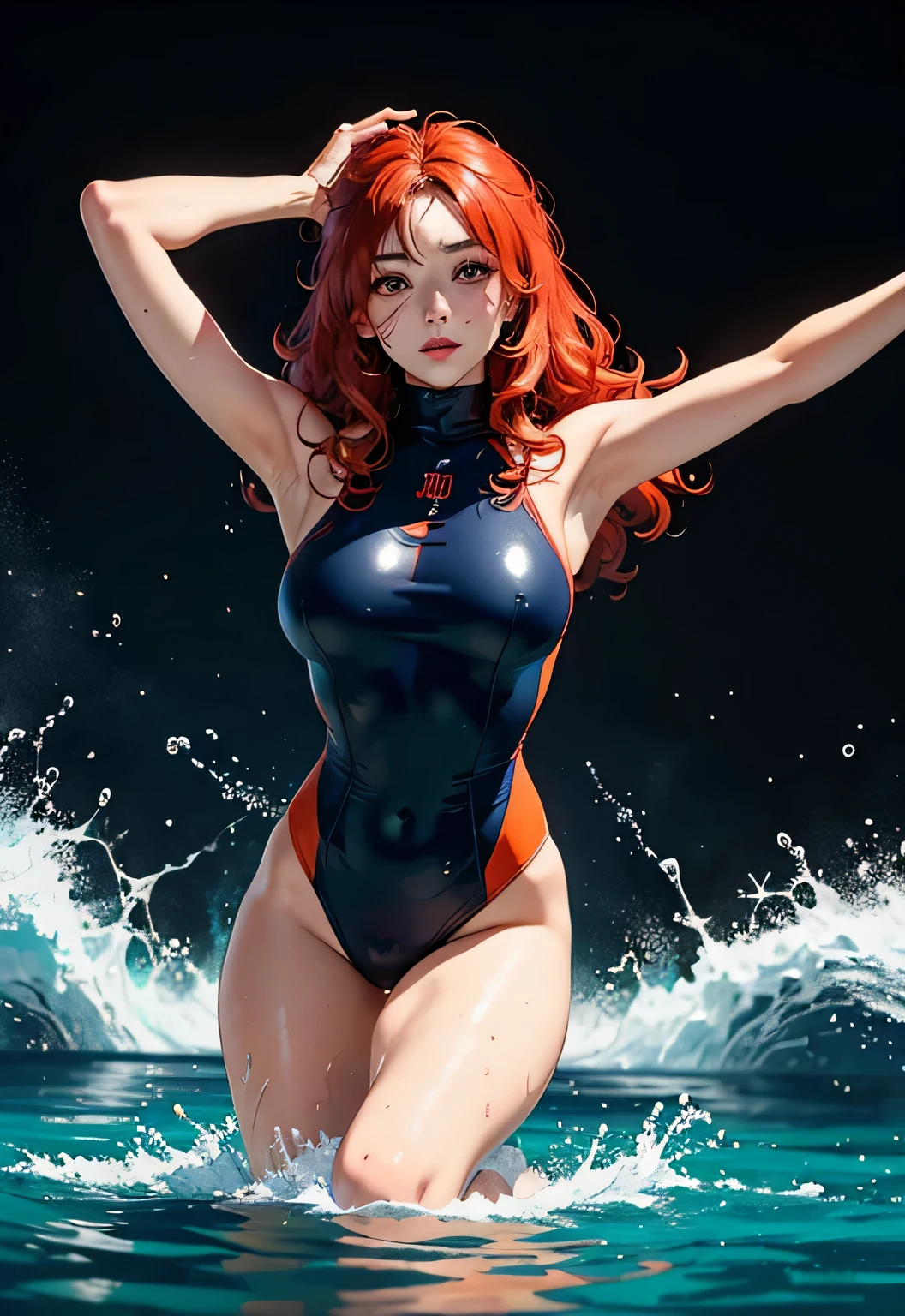 realistically、Super high saturation、8k、Long red curly hair(((a 30 year old girl)))、((She is wearing an orange and navy blue turtleneck indigo swimsuit。)).、swim、Thighs are thicker、Emphasis on muscle development。、Various sexy pose swimプールround olympic 体操選手ics stadium 美しい顔, Highly detailed face and skin textures, (Eyes have small wrinkles, double eyelids, thin eyebrows, glitter eyeliner: 1.2, natural cheeks, skin shiny, White skin,, (shiny lips: 1. 4),Sweating 1.0、(((vitality)))