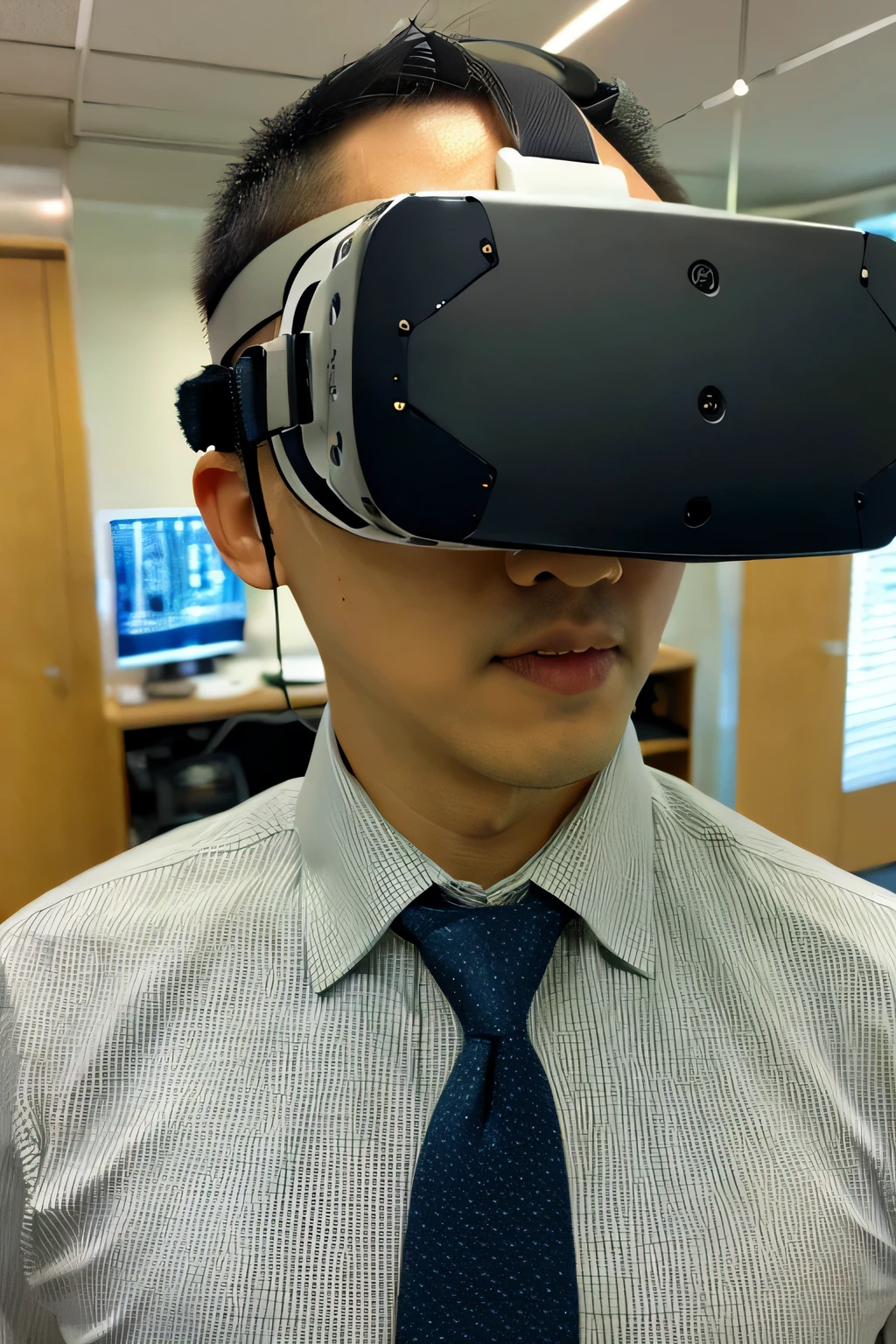 RAW photo, Asian man in his 40s, ((He wears a head-mounted VR display that looks like a 30-year-old toy, Old-fashioned design and made with cheap materials)), (((VR displays are twice as large and heavier than regular VR displays.、It's difficult to handle))), he is a businessman, 30 years old、cut hair、wearing a suit, White shirt and tie,(he is looking diagonally to the side), Sharp focus star piece,(highest quality), very detailed, The background is solid green with no pattern., realistic, intricate and detailed textures