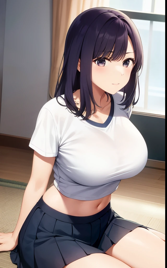 1akane kurokawa,solo,large breasts, cleavage, navel, t-shirt, ((bra)),clothes lift, skirt, lying, full Body,sexy body,sitting