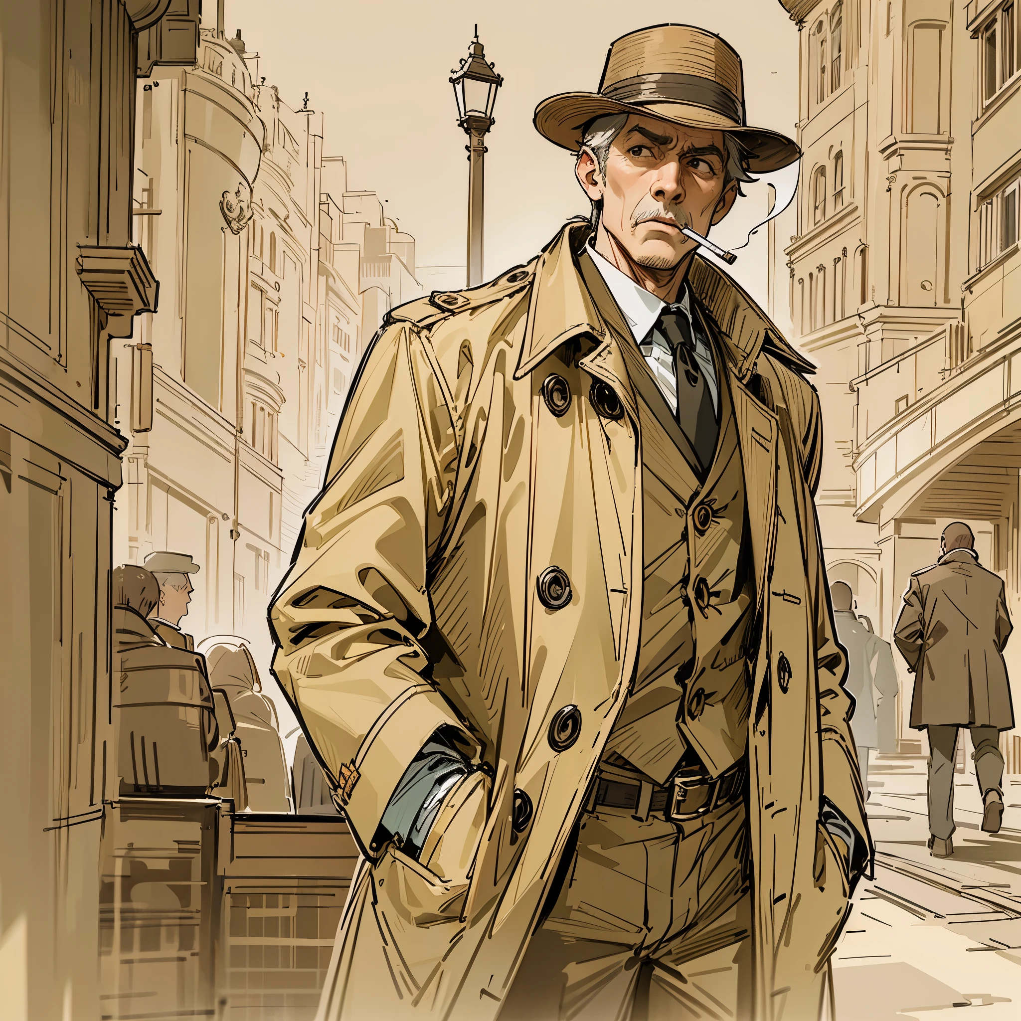 A mature middle-aged man，Detective dress-up，Wearing a dark brown trench coat，British style，Wearing a gentleman&#39;s hat，Hands in your pockets，smoking，Walking the streets of London。Vista composition，Colored screen，Anime illustration style，Marker sketch style，Sketch portraits of people，high-definition，4k。