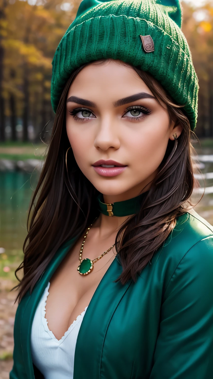 Very very very sexy girl, brunette hair style, wearing a woollen beanie, wearing red laced collar, wearing green jewellery, necklace, earnings, wearing a green jacket, body shot, Detailed skin, Detailed Face, Detailed Lips, Detailed Eyes, ((bule eyes)),  light make up, textured skin, super detail lighting, country background, summer atmosphere, lake, 