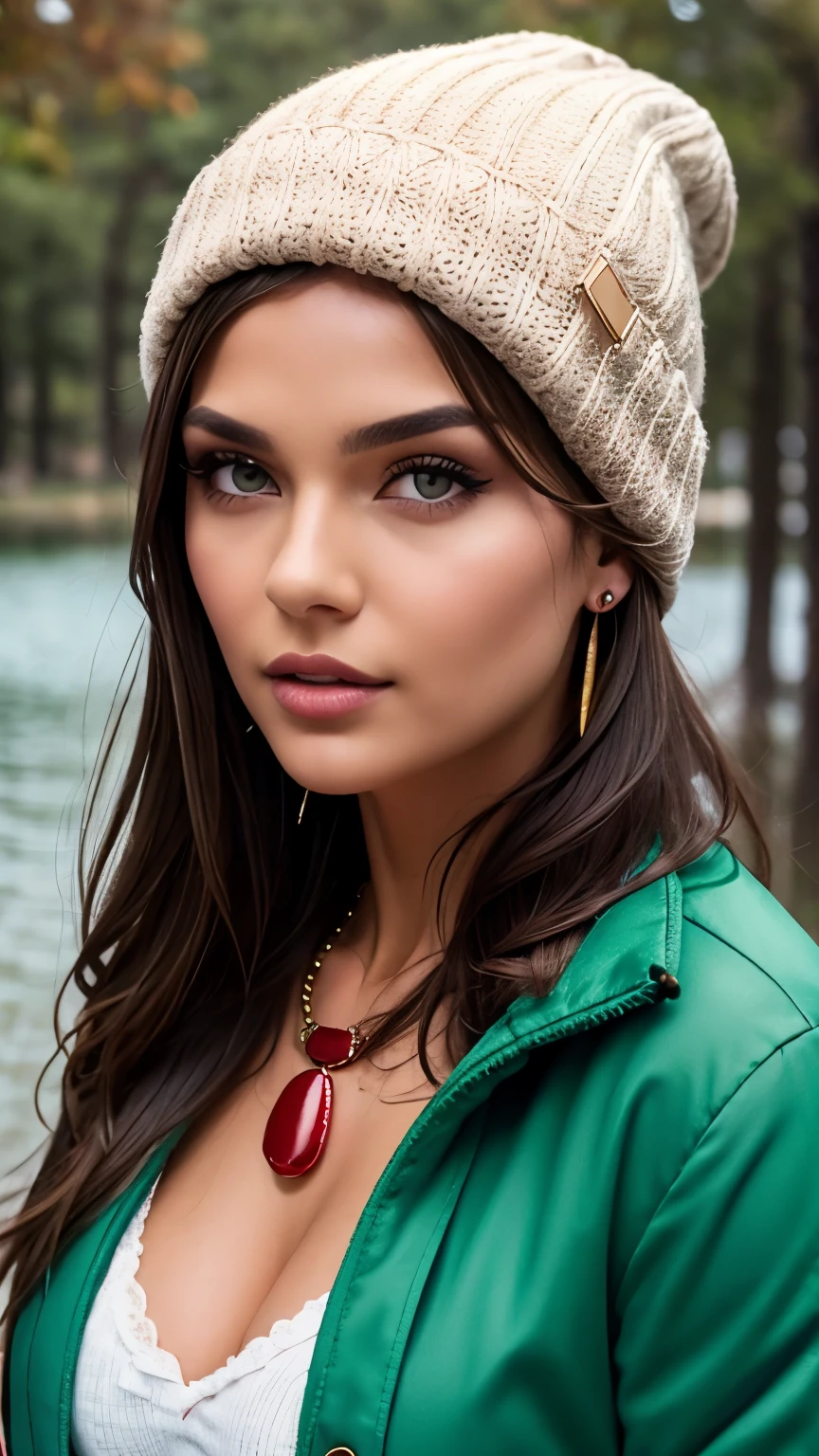 Very very very sexy girl, brunette hair style, wearing a woollen beanie, wearing red laced collar, wearing green jewellery, necklace, earnings, wearing a green jacket, body shot, Detailed skin, Detailed Face, Detailed Lips, Detailed Eyes, ((bule eyes)),  light make up, textured skin, super detail lighting, country background, summer atmosphere, lake, 