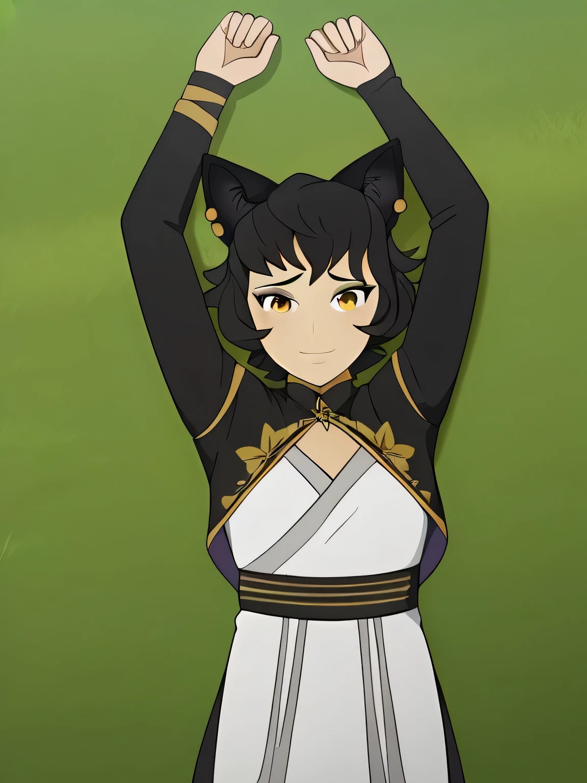 anime, mature female, kali belladonna, high quality, closed mouth, solo, cowboy shot, high quality, lying, on back, on grass, spread arms, shy smile, arms up, closed mouth,
