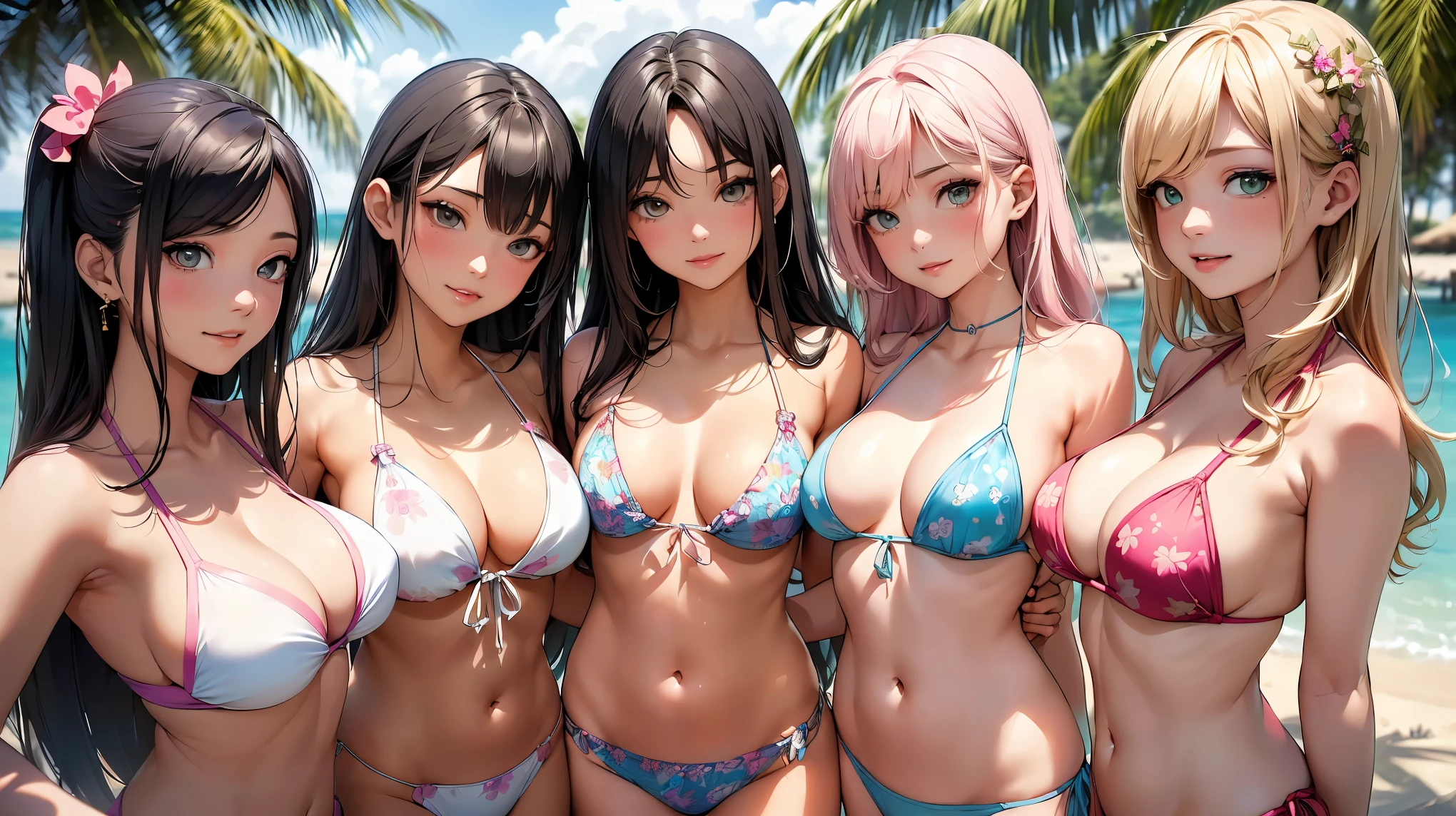 (8k, surreal,最high quality, high quality, High resolution, high quality texture, masterpiece:1.2, Detailed CG,detailed texture, unreal engine), digital rendering technology, (small face, realistic expression), (high detail skin:1.2), (((bikini姿の4人の女性:1.5))), (slim body shape:1.4, Women with slender bodies and big breasts), beautiful detailed eyes, fascinating dense lips, delicate features, dreamy atmosphere, ((smile)), ((photo shootのためポーズをとる, party on the sandy beach, Have fun and have fun)), (bikini, 色鮮やかなbikini), ((attractive woman)draw), perfect fingers, five fingers, anatomically correct, background bokeh, high quality, surreal, Bright colors and mesmerizing effects, Soft and delicate lighting, gentle shine, Lens flare, The overall happy atmosphere of the scene, ((very detailed, photo shoot, move chart, 50㎜, f/1.8)),