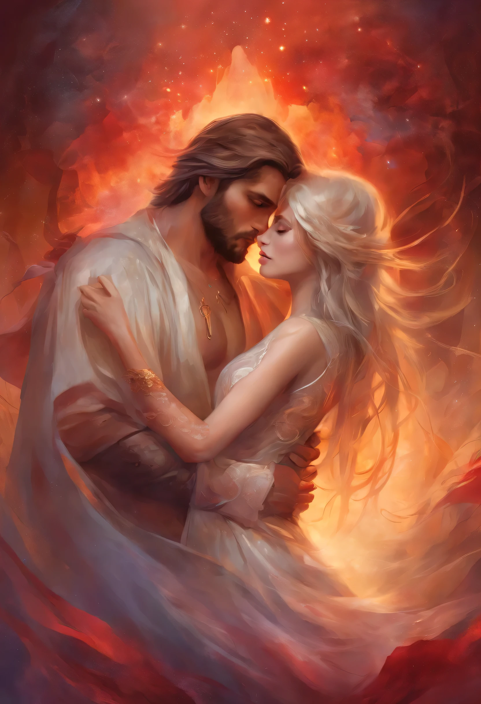 "Illustrate a moment of deep solace where a divine figure, their face aglow with a bright, holy light, holds an injured man close. The figure wears flowing beige and green garments, while the man, who shows signs of physical pain, leans into the embrace. The background should be composed of muted browns and greens, creating a peaceful and sacred atmosphere."