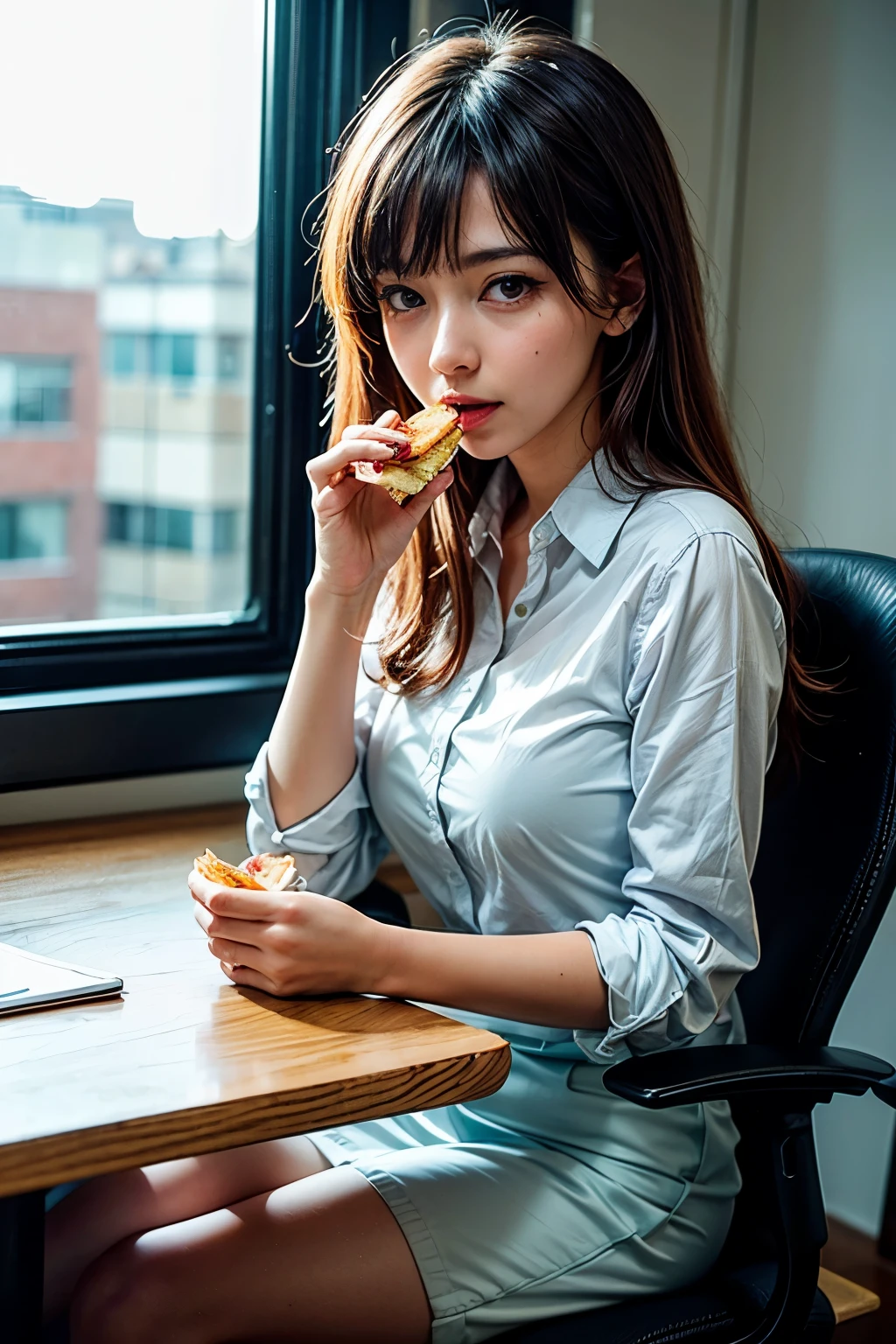 1girl, solo, eating a sandwich in the office during a break, best quality, young girl, seated at a desk or table, enjoying a sandwich during her work break, office environment in the background, soft lighting creating a cozy atmosphere, capturing the simplicity and comfort of a brief respite from work.business suit