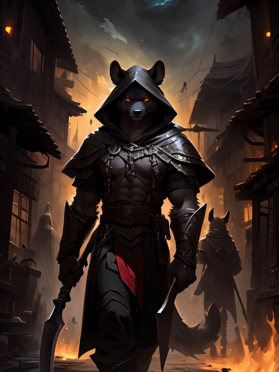 4k, ,8K, A high resolution, best quality, perfect colors, perfect shadows, perfect lighting, posted on e621, (by Chunie, by canyne khai, by t.y.starale), male, furry, Hyena anthro, (Hyena Tail), solo, Red eyes, (Realistic eye details 1.2), armor, Grim Reaper Style, Holding a scythe in hand, great scythe, A death reaper, horror, Stand in Dark Village, darkness, Village with a scary aura, Horror Fantasy, detailed scythe, perfect scythe, V0id3nergy, black shadows enveloped the body, in a panoramic view, abs, masterpiece, Slim body, full body like, walking through a burning village, a sharp gaze, a gaze of killing intent, smiled slyly, fit body, perfect male figure, Detailed fur, Detailed face, dramatic lighting, soft lighting, day, highly detail, (Detailed eyes), perfect pupils, detail eyes, detail fluffy fur, (seductive face:1.2), (correct anatomy:1.2), (Complex), (Super Detail), (Ultra Clear), (Best Quality)