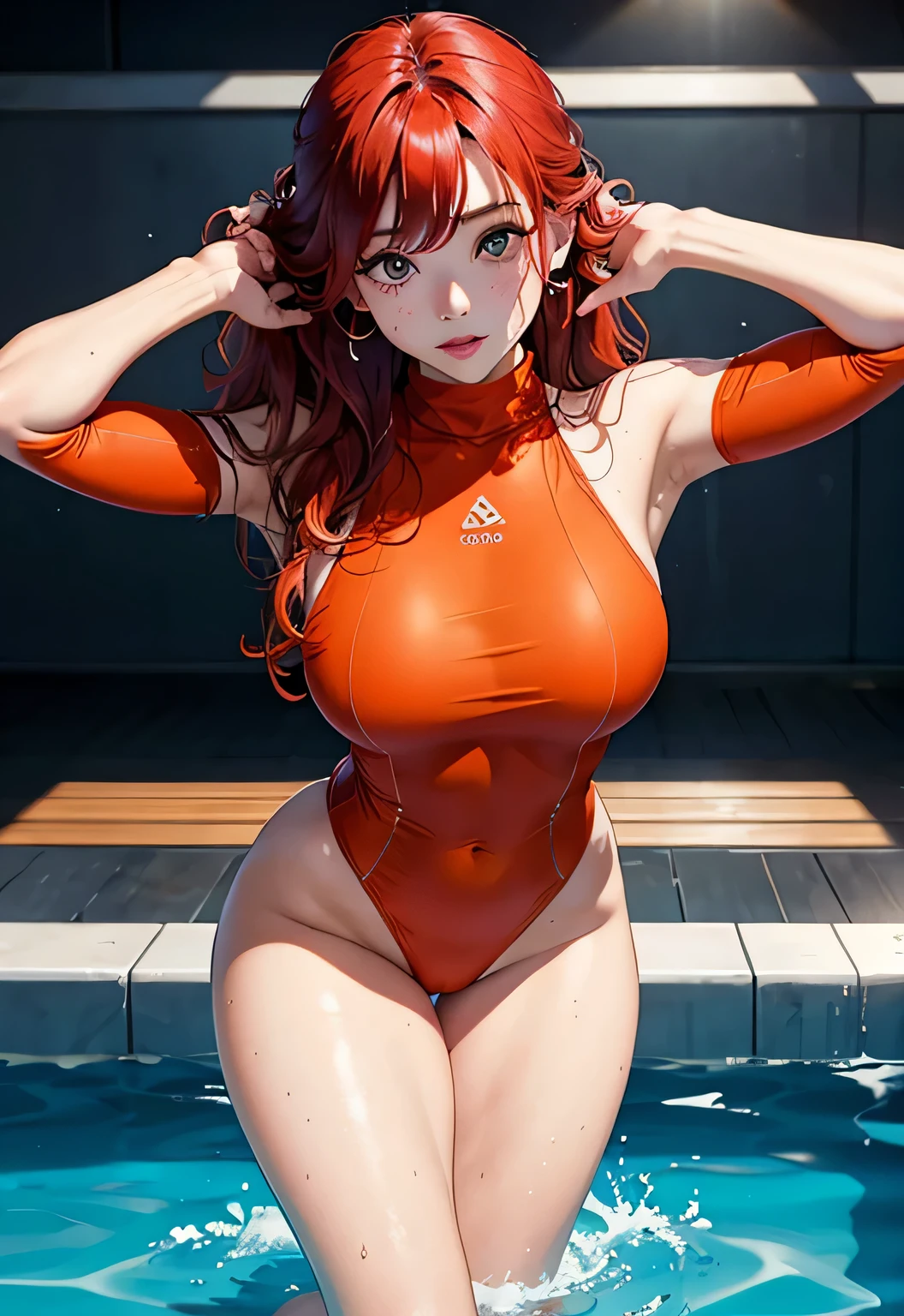 realistically、Super high saturation、8k、Long red curly hair(((a 30 year old girl)))、((She is wearing an orange and navy blue turtleneck indigo swimsuit。)).、swim、Thighs are thicker、Emphasis on muscle development。、Various sexy pose swimプールround olympic 体操選手ics stadium 美しい顔, Highly detailed face and skin textures, (Eyes have small wrinkles, double eyelids, thin eyebrows, glitter eyeliner: 1.2, natural cheeks, skin shiny, White skin,, (shiny lips: 1. 4),Sweating 1.0、(((vitality)))