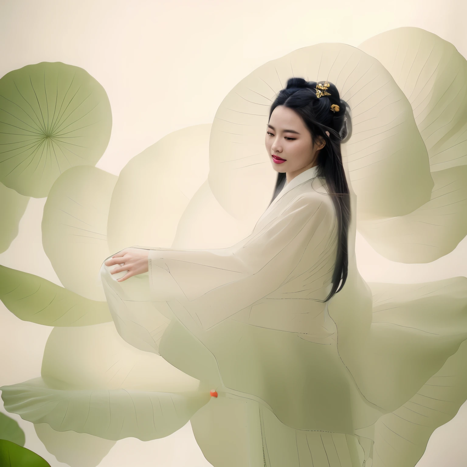 There is a woman in a white dress holding a fan, ethereal beauty, White Hanfu, Inspired by Tang Yin, palace ， A girl wearing Hanfu, Standing gracefully on the lotus, Chinese fantasy, Inspired by Tang Yifen, Inspired by Ai Xuan, Stunning young and ethereal figure, Inspired by Huang Ji, Inspired by Qiu Ying, by Yu Zhiding