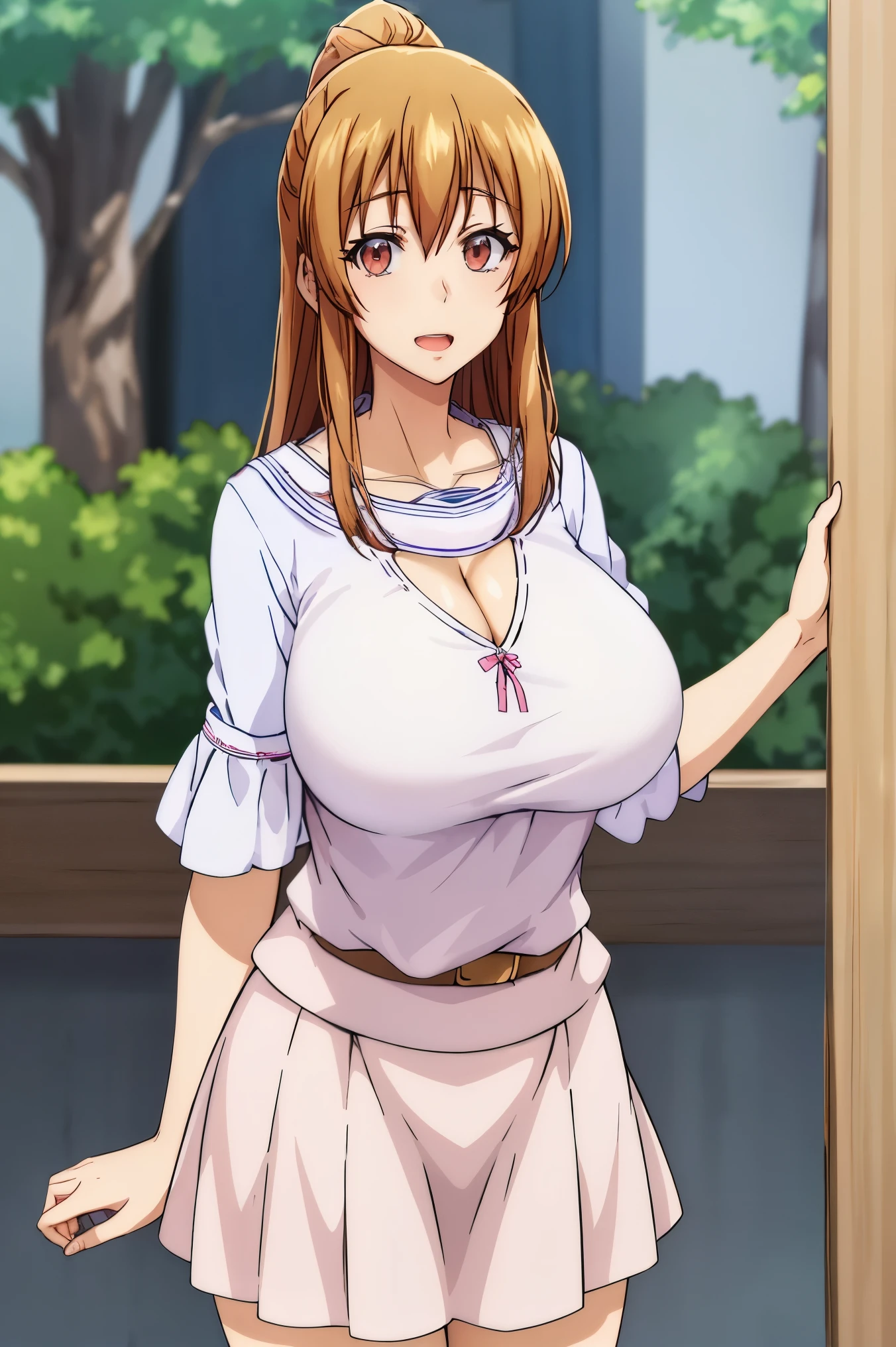 best quality, (masterpiece:1.2), highly detailed, street,
1girl,  kotegawa nanaka,
looking at viewer, slight smile, open mouth,
brown eyes, brown hair, long hair, black shirt, elbow sleeves, pink skirt, miniskirt, (huge tits), cleavage