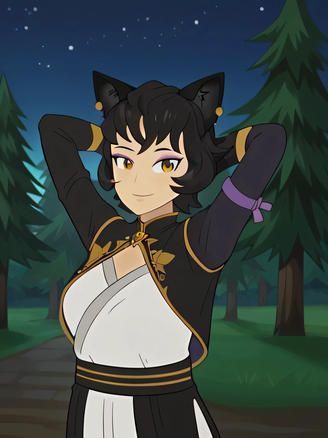 anime, mature female, kali belladonna, high quality, closed mouth, solo, upper body, night sky, forest, arms behind head, contrapposto, smile,
